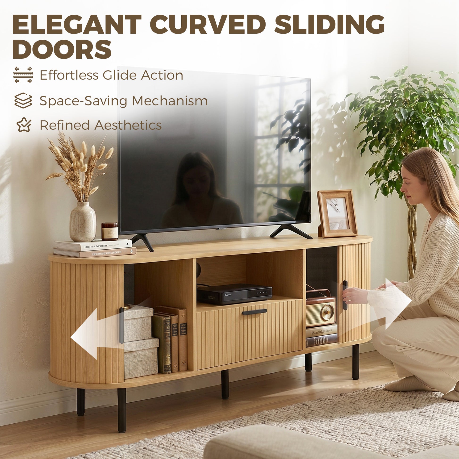 TV Stand for TVs up to 60", Modern Entertainment Center with Curved Sliding Doors and Storage, Natural Wood-Home Furnishings > Living Room Furniture > TV¬†Stands-DECOROLALA