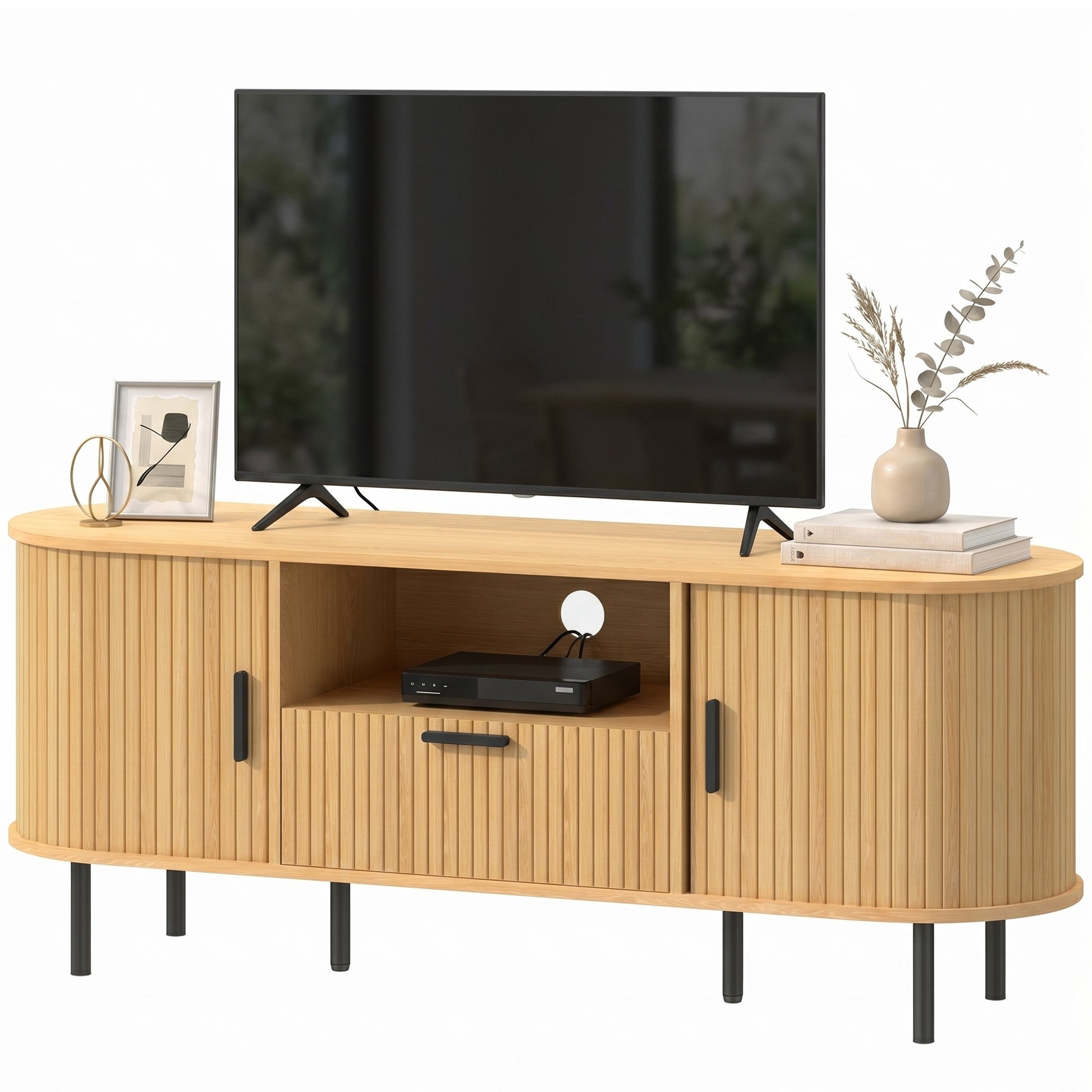 TV Stand for TVs up to 60", Modern Entertainment Center with Curved Sliding Doors and Storage, Natural Wood-Home Furnishings > Living Room Furniture > TV¬†Stands-DECOROLALA