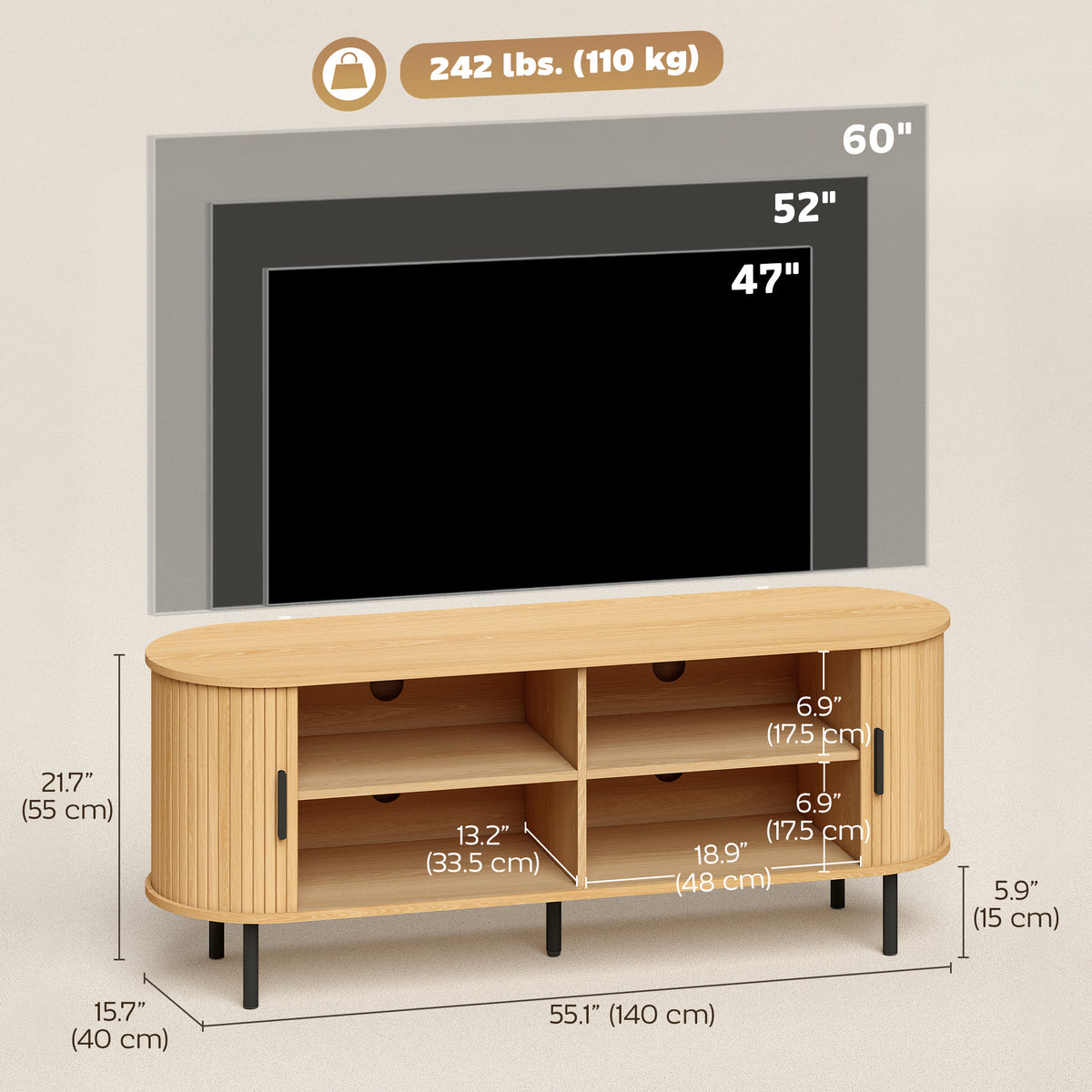 TV Stand for TVs up to 60" - Natural Wood & Black-Home Furnishings > Living Room Furniture > TV¬†Stands-DECOROLALA