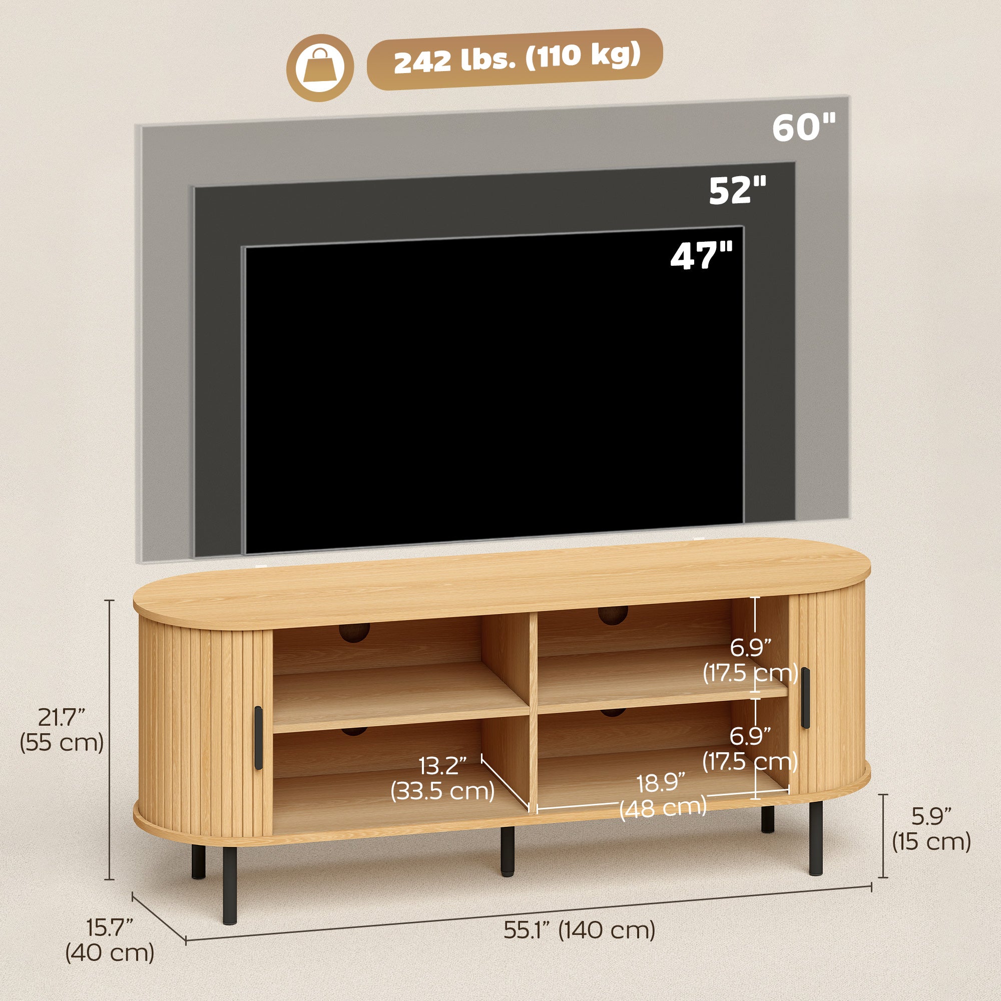 TV Stand for TVs up to 60" - Natural Wood & Black-Home Furnishings > Living Room Furniture > TV¬†Stands-DECOROLALA