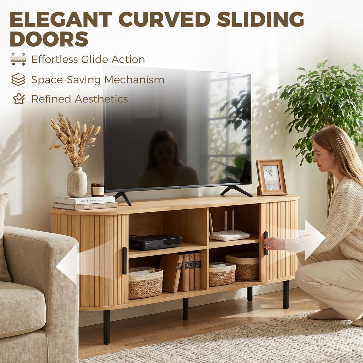 TV Stand for TVs up to 60" - Natural Wood & Black-Home Furnishings > Living Room Furniture > TV¬†Stands-DECOROLALA