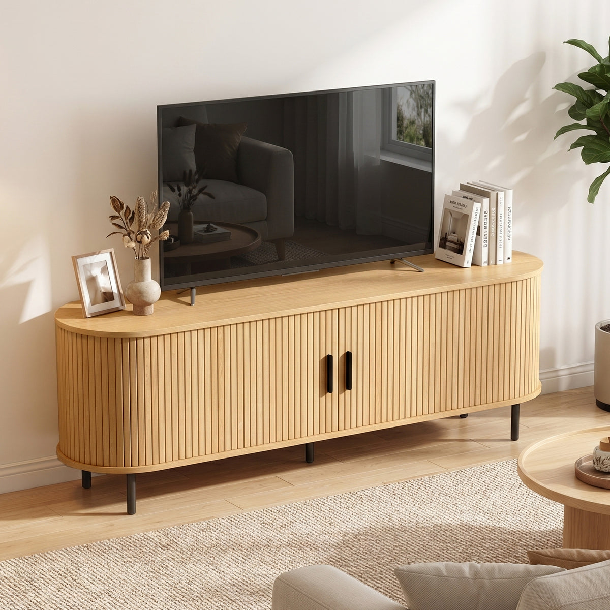 TV Stand for TVs up to 60" - Natural Wood & Black-Home Furnishings > Living Room Furniture > TV¬†Stands-DECOROLALA