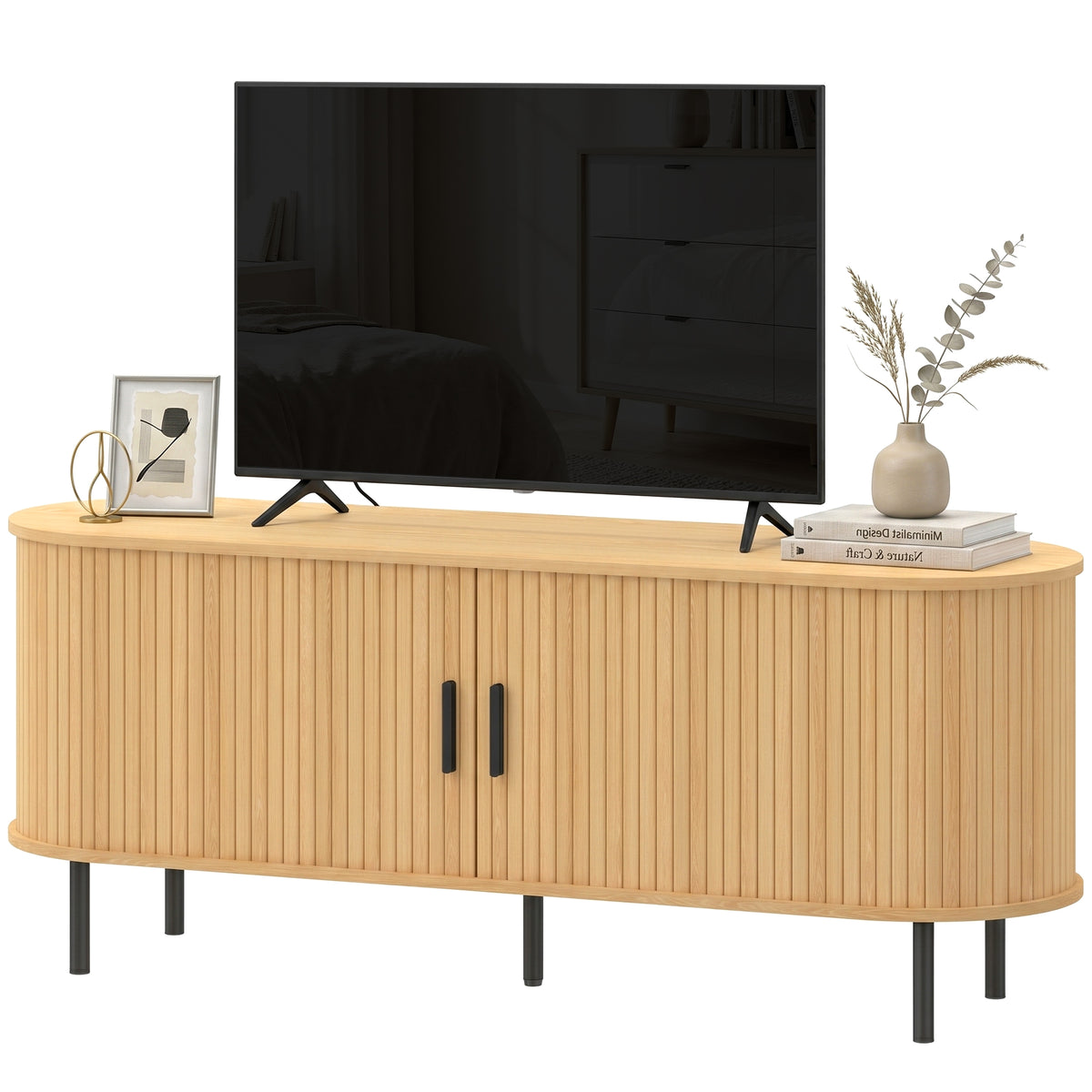 TV Stand for TVs up to 60" - Natural Wood & Black-Home Furnishings > Living Room Furniture > TV¬†Stands-DECOROLALA