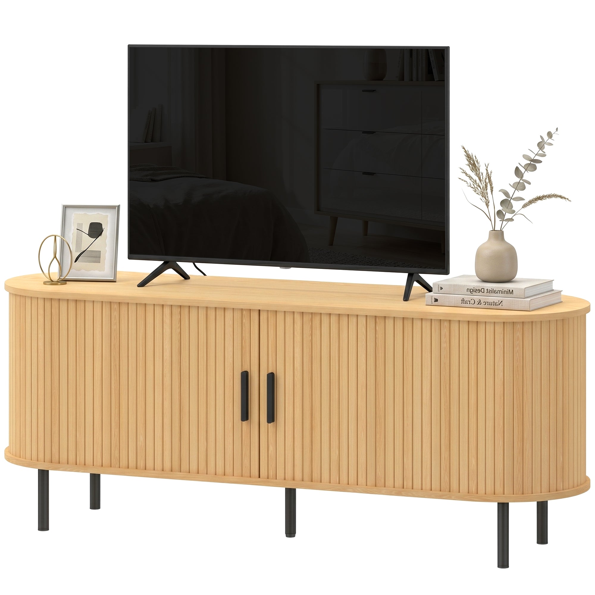 TV Stand for TVs up to 60" - Natural Wood & Black-Home Furnishings > Living Room Furniture > TV¬†Stands-DECOROLALA