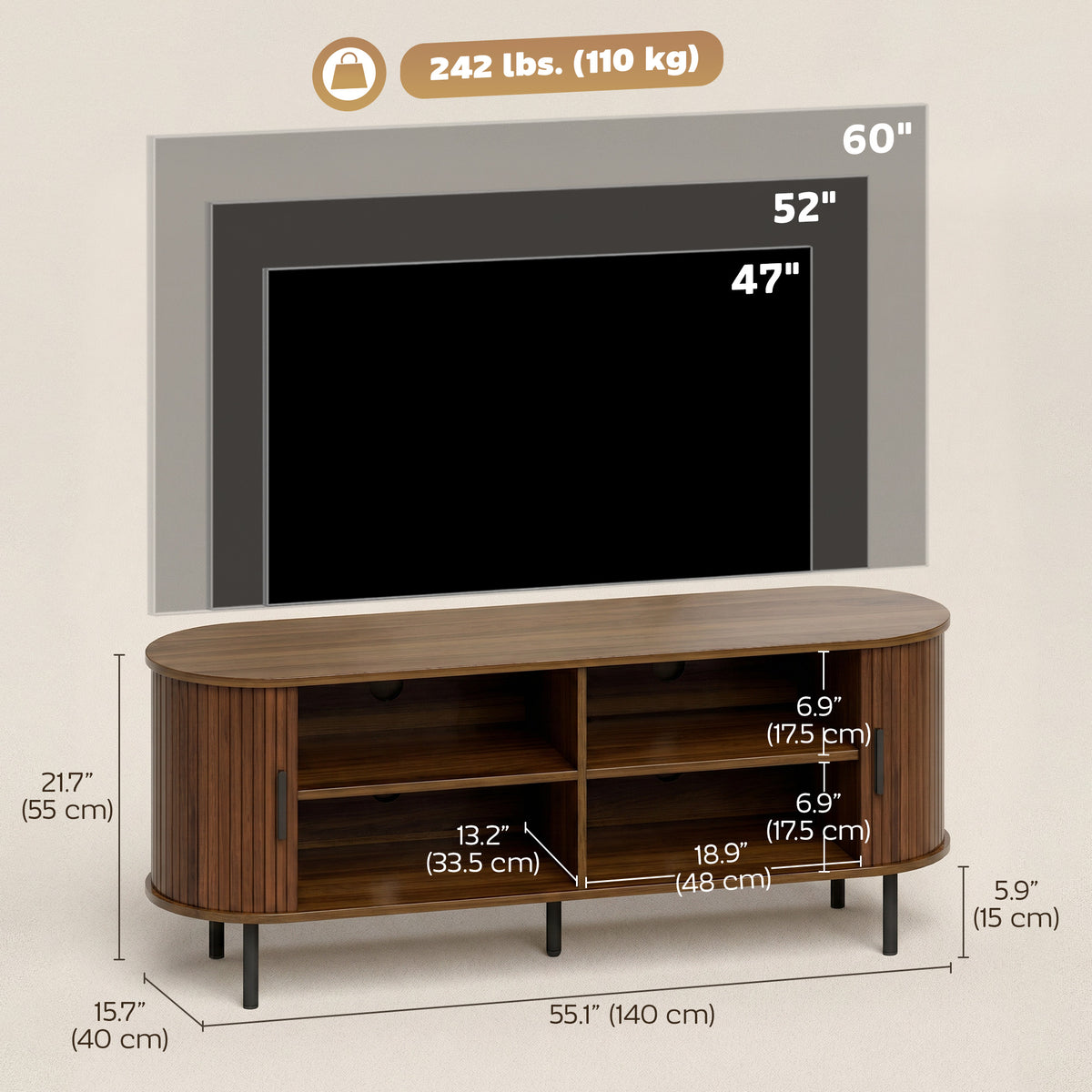 TV Stand for TVs up to 60" - Walnut Brown Modern Center-Home Furnishings > Living Room Furniture > TV¬†Stands-DECOROLALA