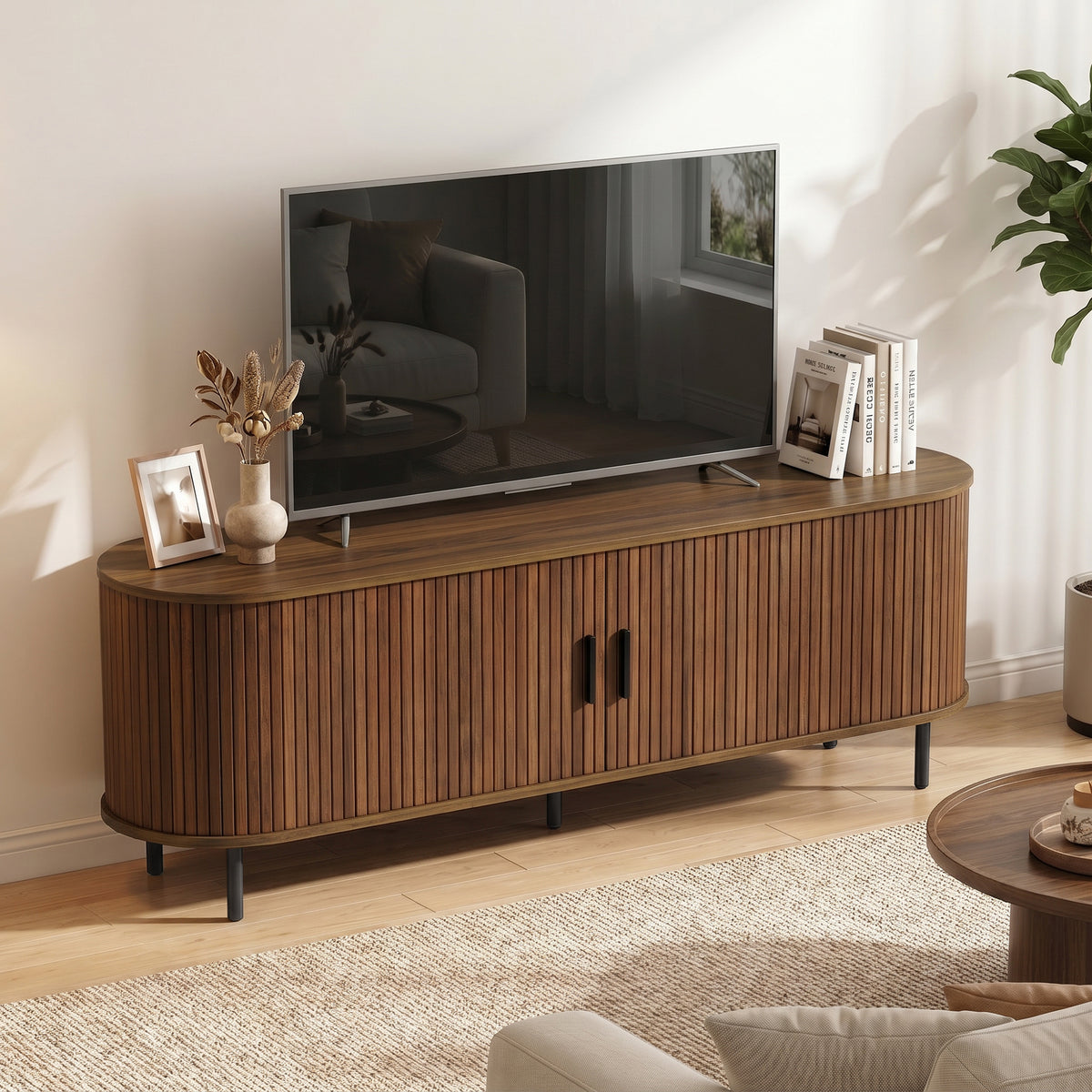TV Stand for TVs up to 60" - Walnut Brown Modern Center-Home Furnishings > Living Room Furniture > TV¬†Stands-DECOROLALA