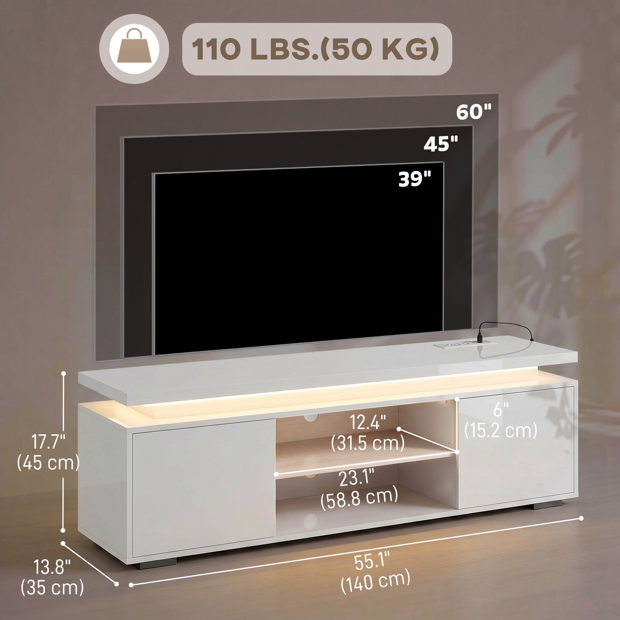 TV Stand for TVs up to 60" with RGB LED and Outlets - White-Home Furnishings > Living Room Furniture > TV¬†Stands-DECOROLALA