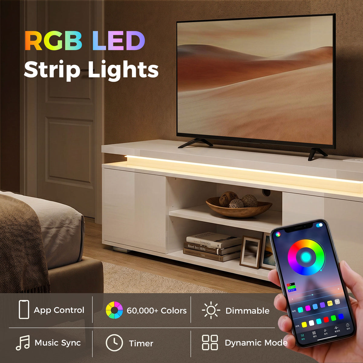 TV Stand for TVs up to 60" with RGB LED and Outlets - White-Home Furnishings > Living Room Furniture > TV¬†Stands-DECOROLALA