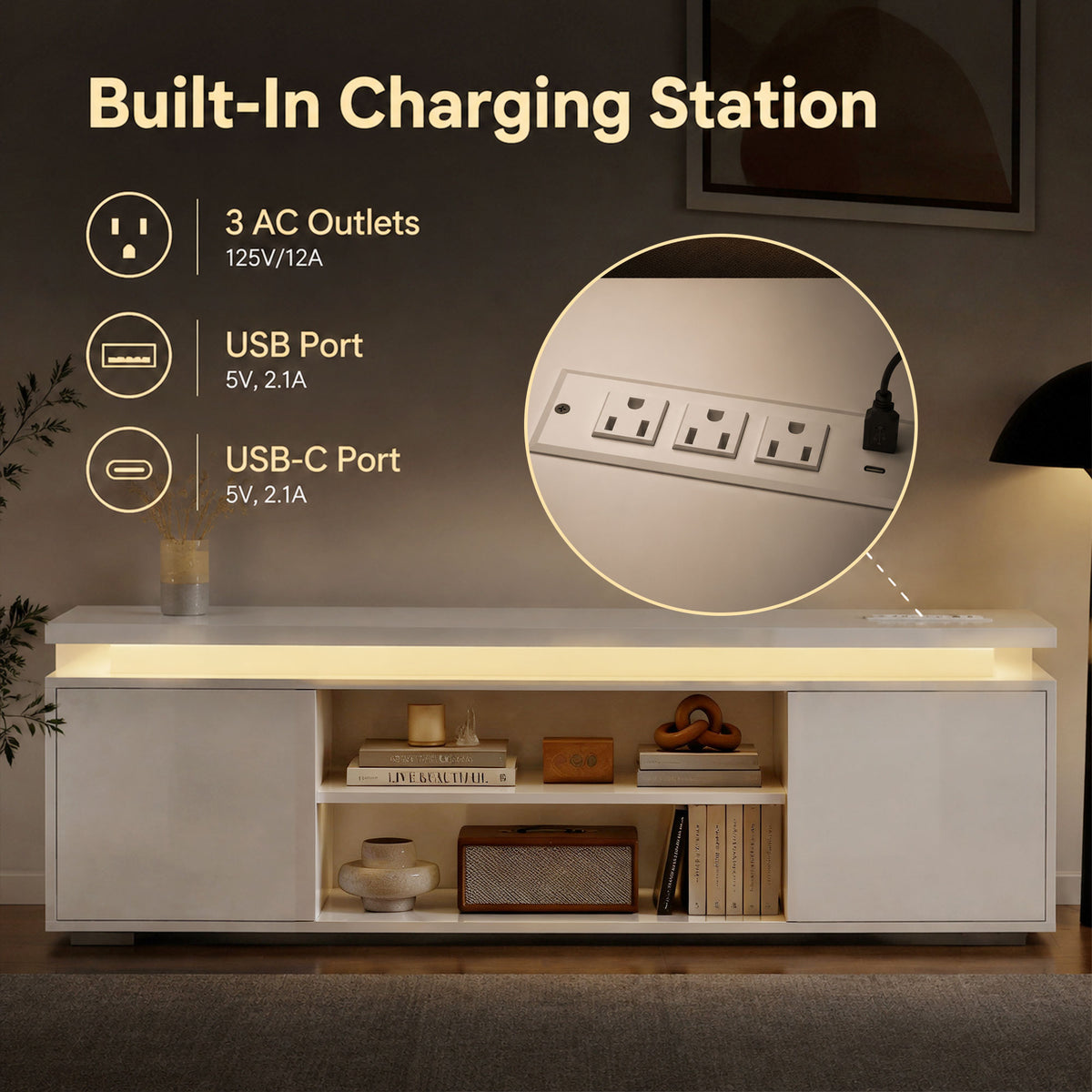 TV Stand for TVs up to 60" with RGB LED and Outlets - White-Home Furnishings > Living Room Furniture > TV¬†Stands-DECOROLALA