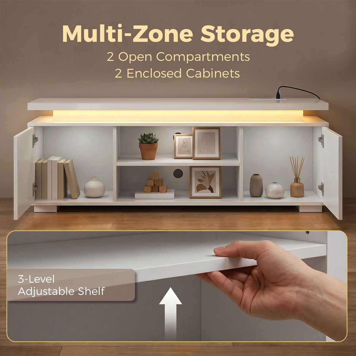 TV Stand for TVs up to 60" with RGB LED and Outlets - White-Home Furnishings > Living Room Furniture > TV¬†Stands-DECOROLALA