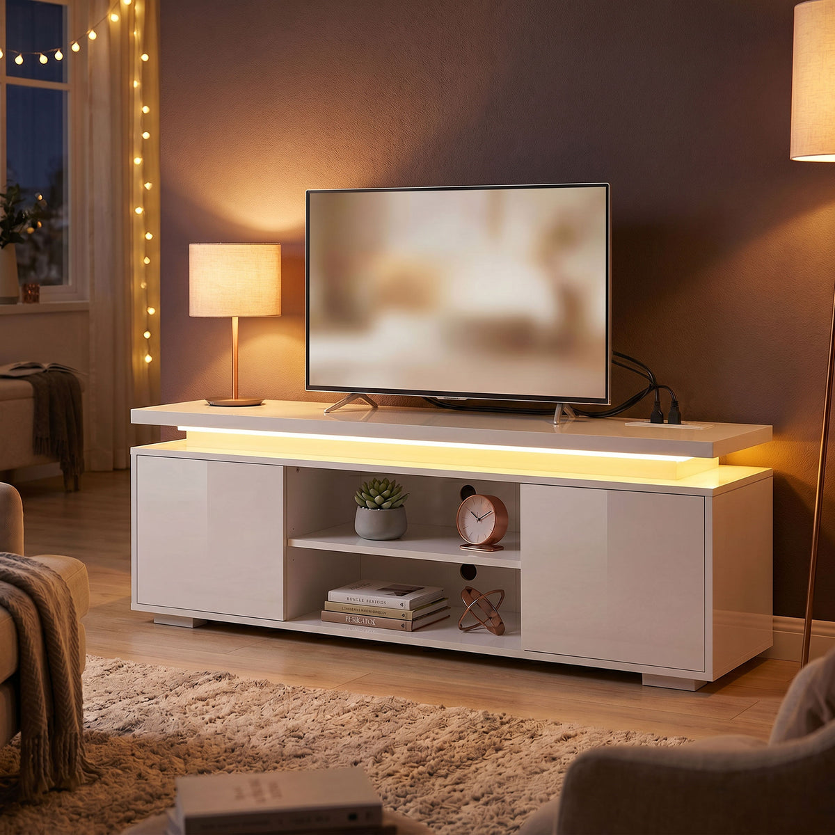 TV Stand for TVs up to 60" with RGB LED and Outlets - White-Home Furnishings > Living Room Furniture > TV¬†Stands-DECOROLALA