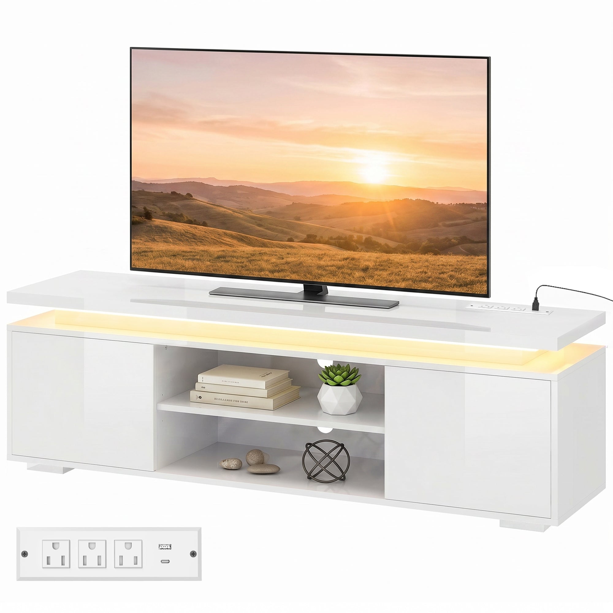 TV Stand for TVs up to 60" with RGB LED and Outlets - White-Home Furnishings > Living Room Furniture > TV¬†Stands-DECOROLALA