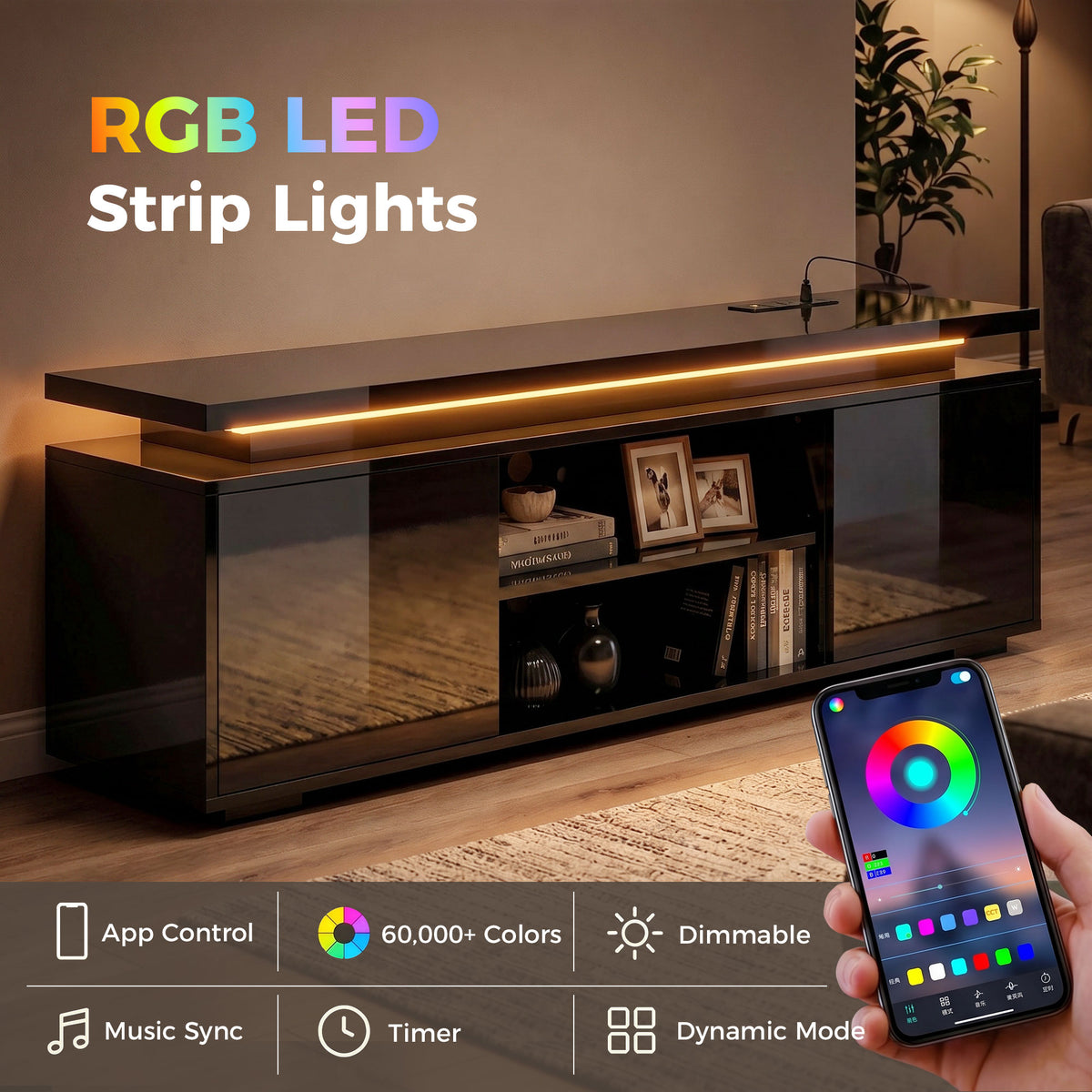 TV Stand for TVs up to 60" with RGB LED and Power Outlets-Home Furnishings > Living Room Furniture > TV¬†Stands-DECOROLALA
