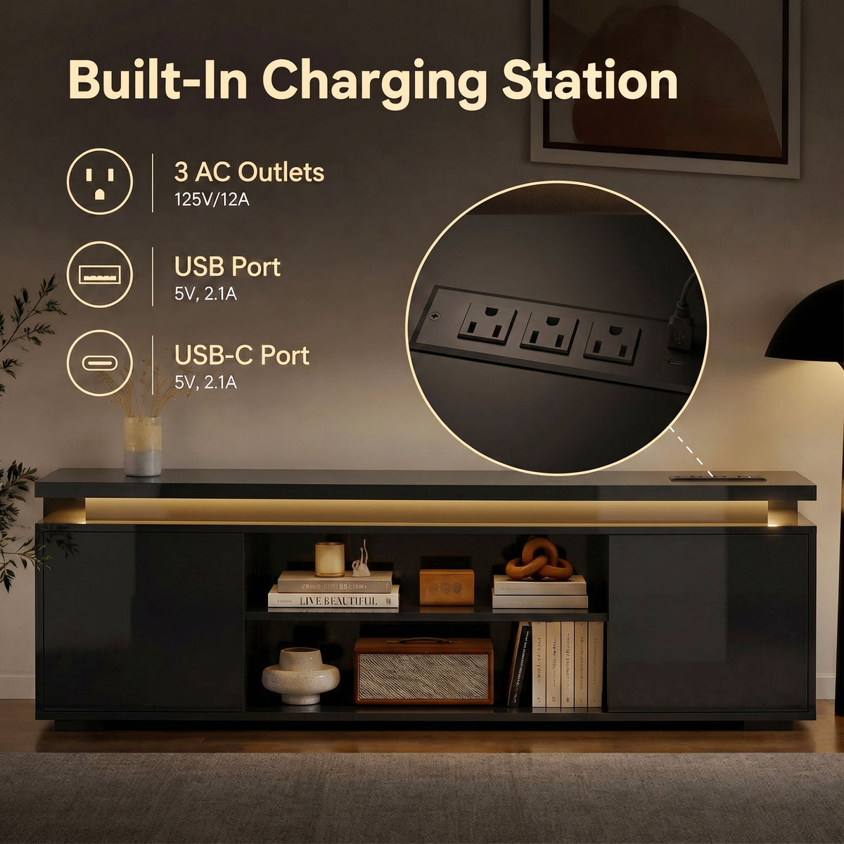 TV Stand for TVs up to 60" with RGB LED and Power Outlets-Home Furnishings > Living Room Furniture > TV¬†Stands-DECOROLALA