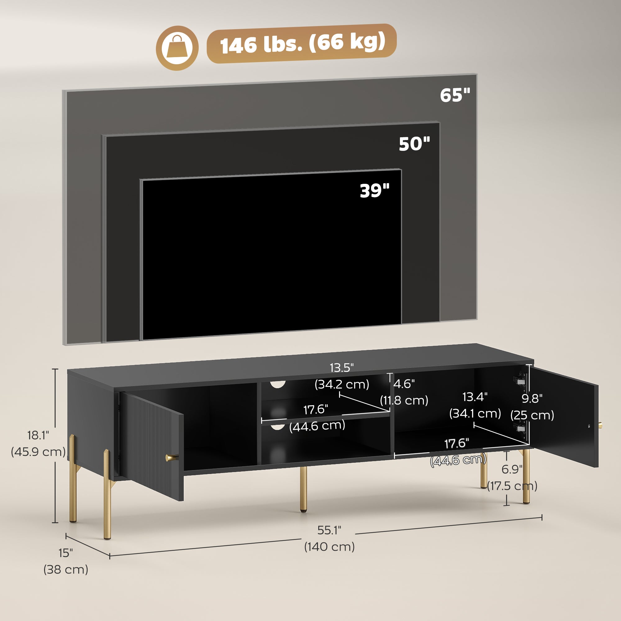 TV Stand for TVs up to 65" - Black with Gold Legs-Home Furnishings > Living Room Furniture > TV¬†Stands-DECOROLALA