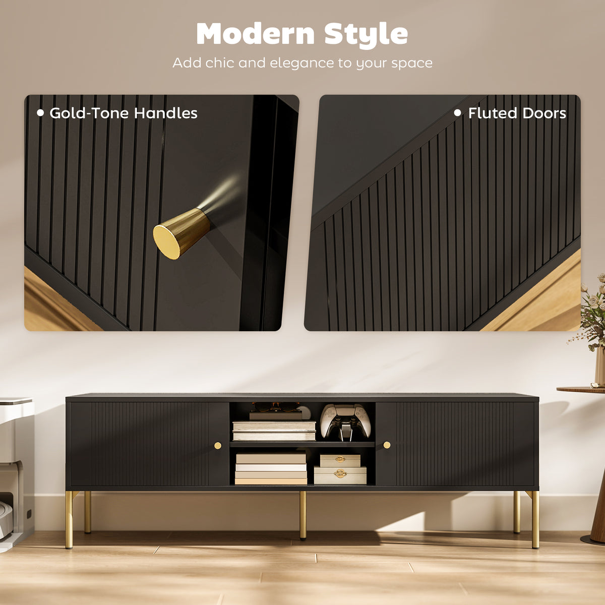 TV Stand for TVs up to 65" - Black with Gold Legs-Home Furnishings > Living Room Furniture > TV¬†Stands-DECOROLALA