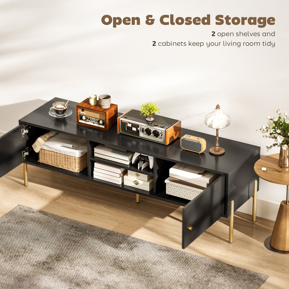 TV Stand for TVs up to 65" - Black with Gold Legs-Home Furnishings > Living Room Furniture > TV¬†Stands-DECOROLALA
