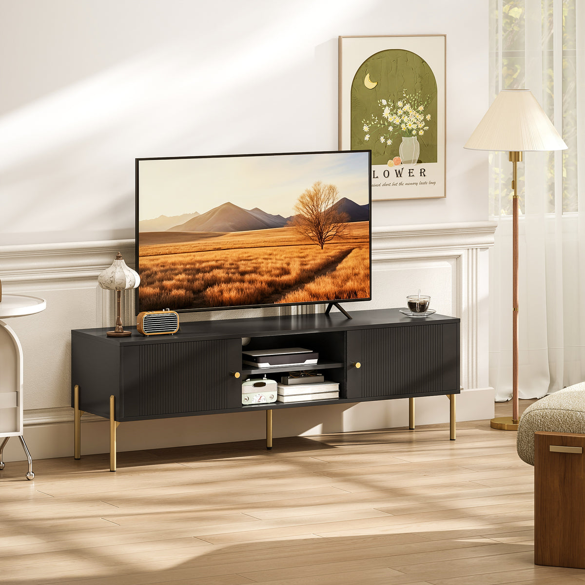 TV Stand for TVs up to 65" - Black with Gold Legs-Home Furnishings > Living Room Furniture > TV¬†Stands-DECOROLALA
