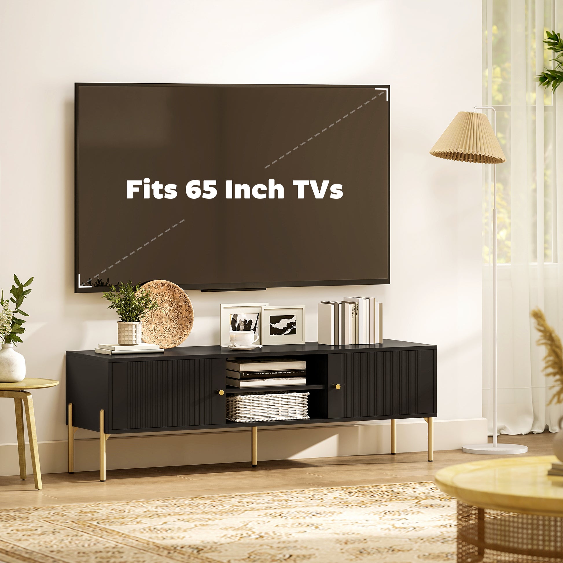 TV Stand for TVs up to 65", Entertainment Center with 2 Open Shelves, 2 Cabinets and Steel Legs for Living Room, Black-Home Furnishings > Living Room Furniture > TV¬†Stands-DECOROLALA