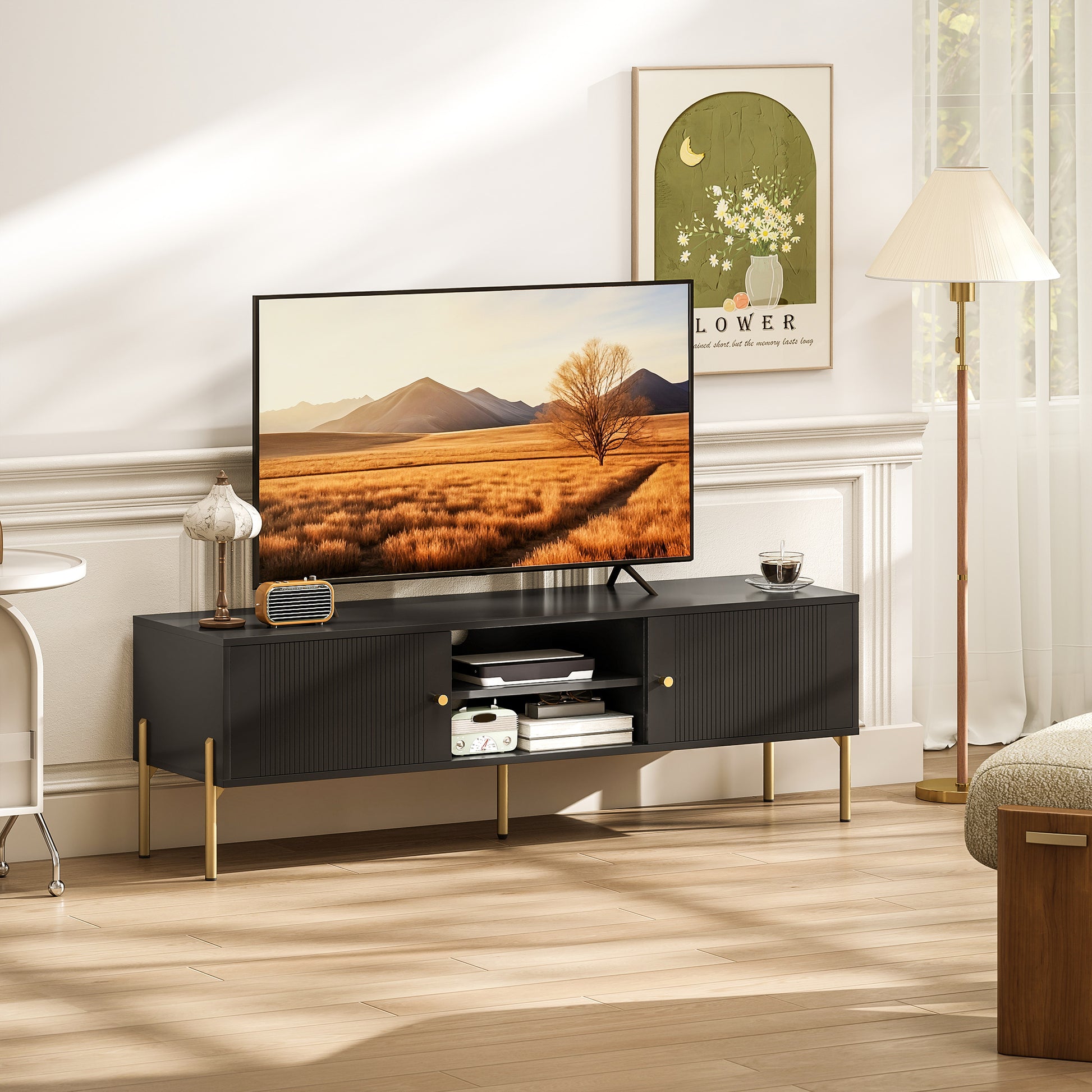 TV Stand for TVs up to 65", Entertainment Center with 2 Open Shelves, 2 Cabinets and Steel Legs for Living Room, Black-Home Furnishings > Living Room Furniture > TV¬†Stands-DECOROLALA