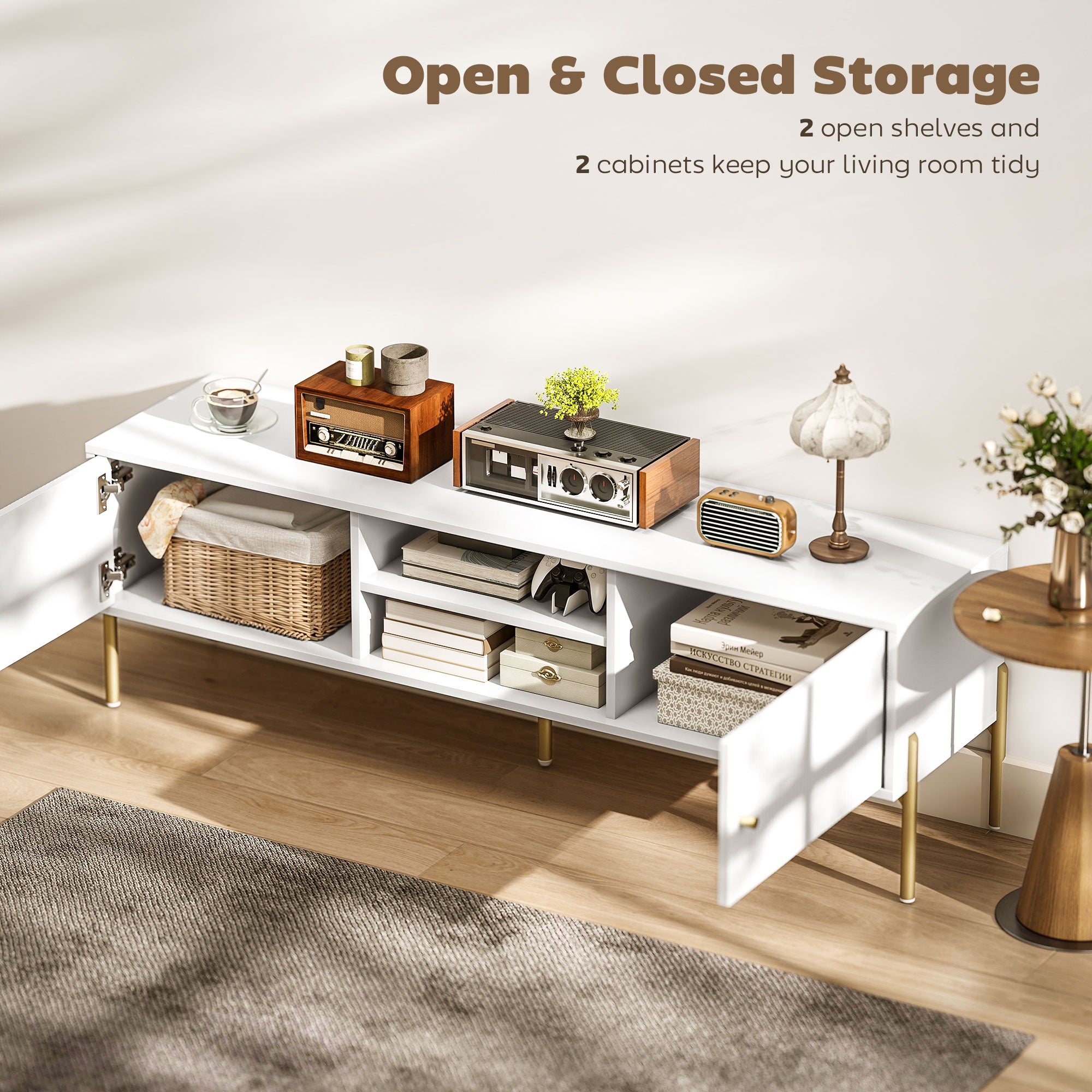 TV Stand for TVs up to 65", Entertainment Center with 2 Open Shelves, 2 Cabinets and Steel Legs for Living Room, White-Home Furnishings > Living Room Furniture > TV¬†Stands-DECOROLALA