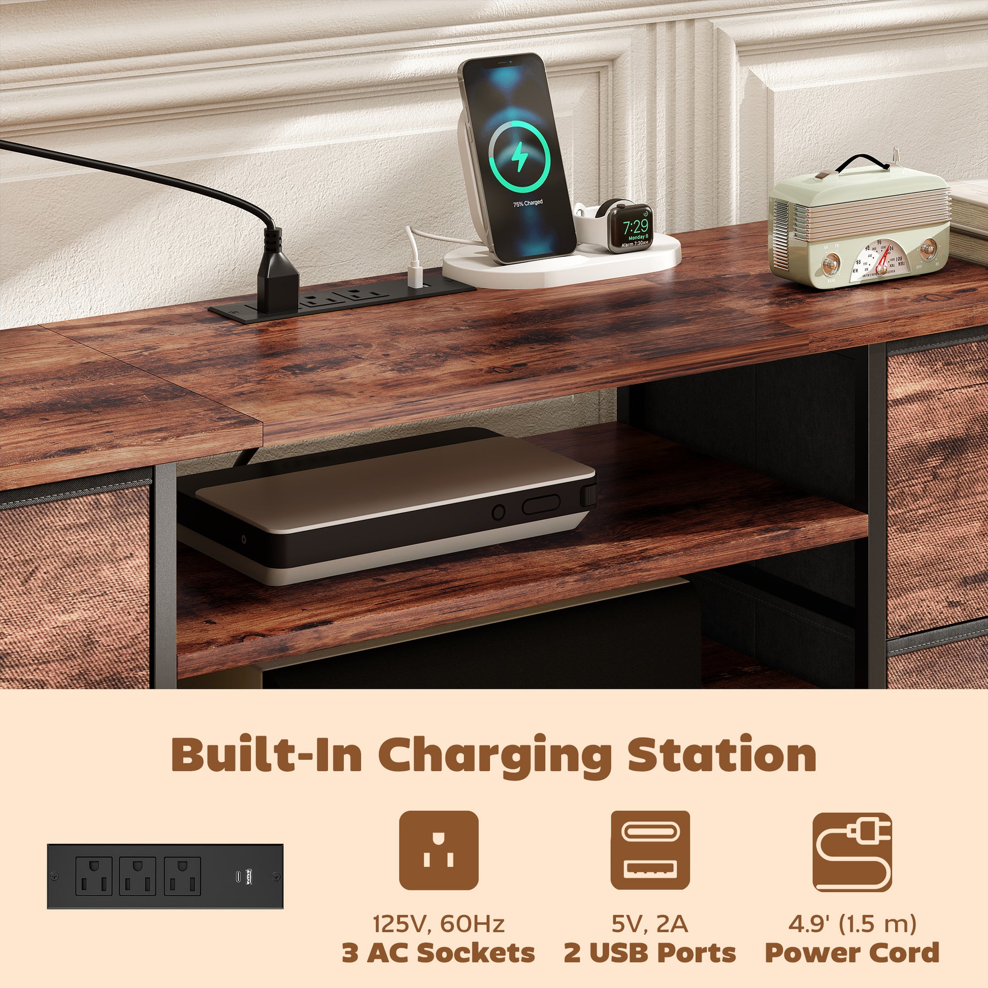 TV Stand for TVs up to 65 Inch, Industrial TV Console with Charging Station, 5 Drawers and Open Shelves, Rustic Brown-Home Furnishings > Living Room Furniture > TV¬†Stands-DECOROLALA