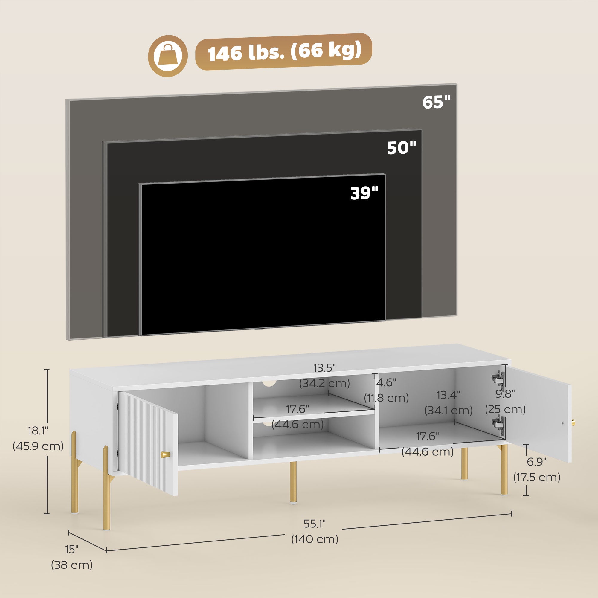 TV Stand for TVs up to 65" - White with Gold Legs-Home Furnishings > Living Room Furniture > TV¬†Stands-DECOROLALA