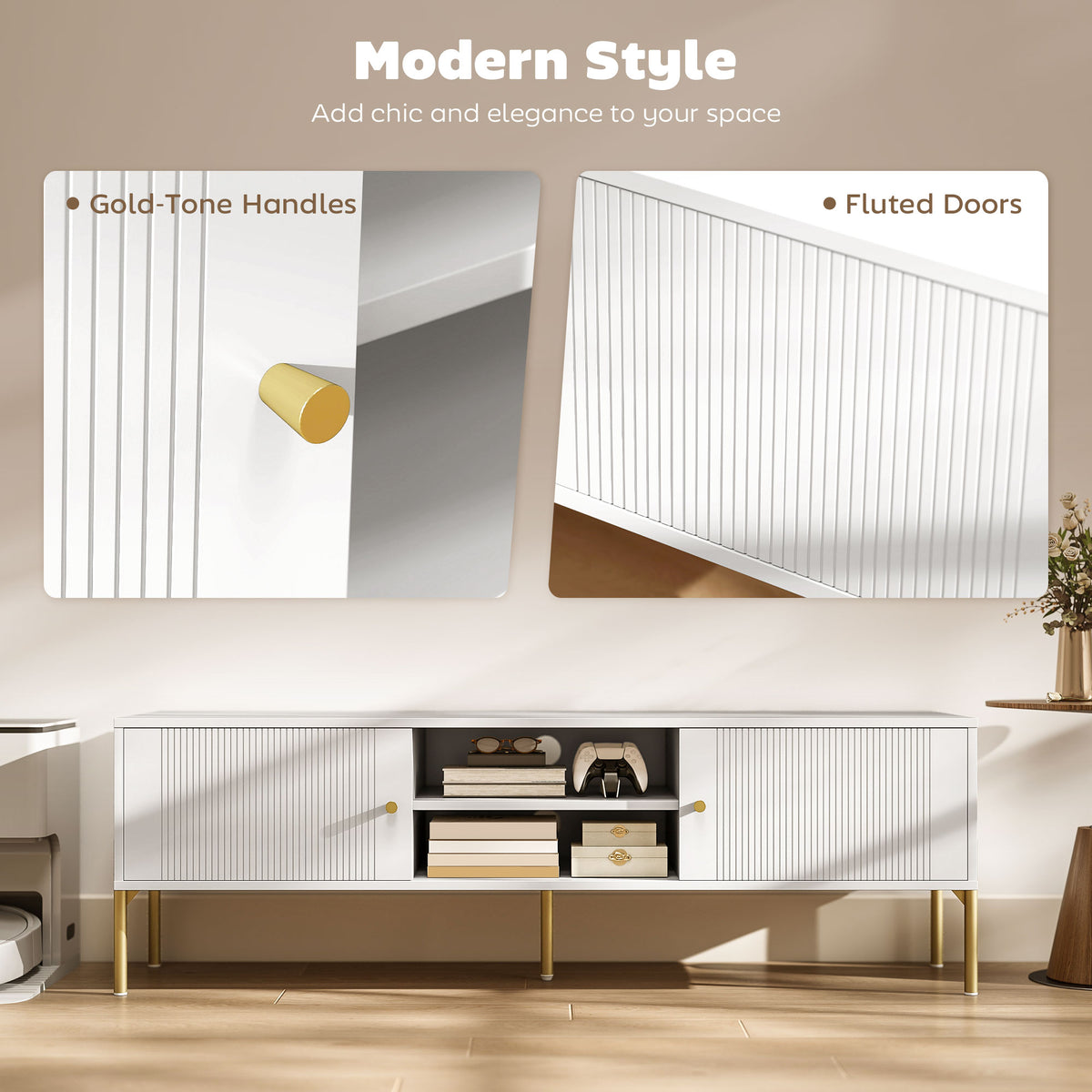 TV Stand for TVs up to 65" - White with Gold Legs-Home Furnishings > Living Room Furniture > TV¬†Stands-DECOROLALA
