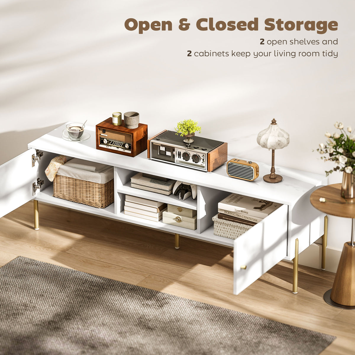 TV Stand for TVs up to 65" - White with Gold Legs-Home Furnishings > Living Room Furniture > TV¬†Stands-DECOROLALA