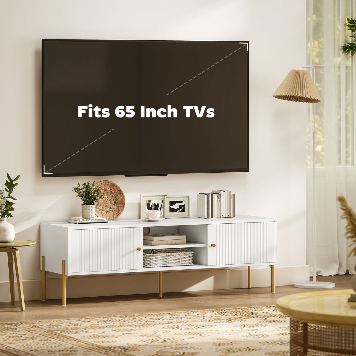 TV Stand for TVs up to 65" - White with Gold Legs-Home Furnishings > Living Room Furniture > TV¬†Stands-DECOROLALA