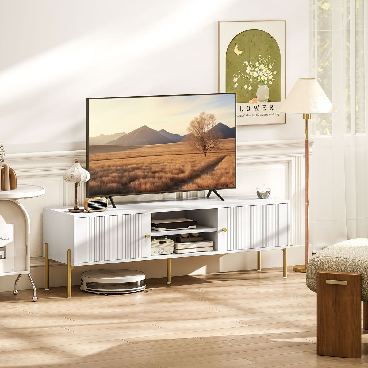 TV Stand for TVs up to 65" - White with Gold Legs-Home Furnishings > Living Room Furniture > TV¬†Stands-DECOROLALA