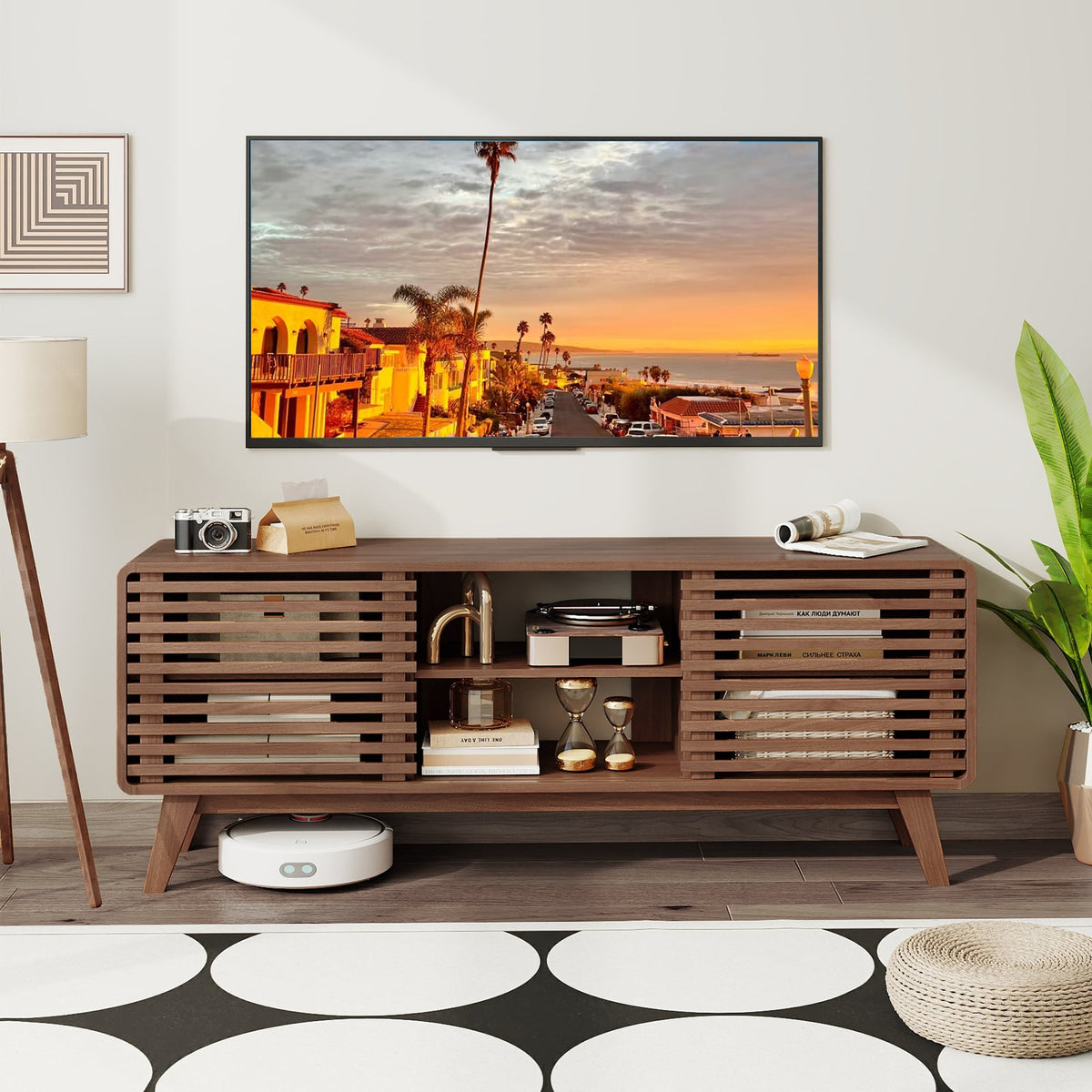 TV Stand for TVs up to 65" with Sliding Doors and Adjustable Shelves for Living Room-Walnut-Entertainment Centers & TV Stands-DECOROLALA