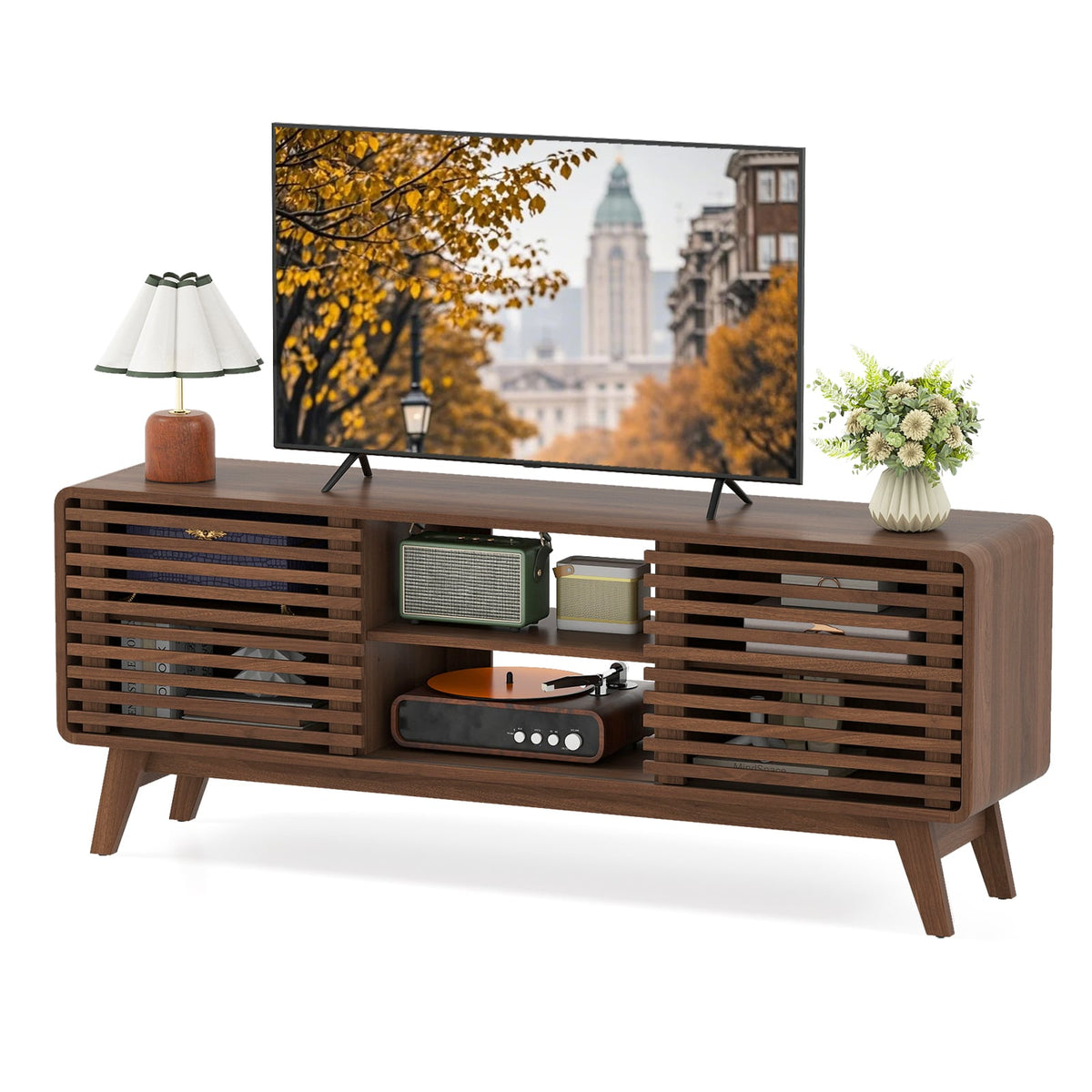 TV Stand for TVs up to 65" with Sliding Doors and Adjustable Shelves for Living Room-Walnut-Entertainment Centers & TV Stands-DECOROLALA