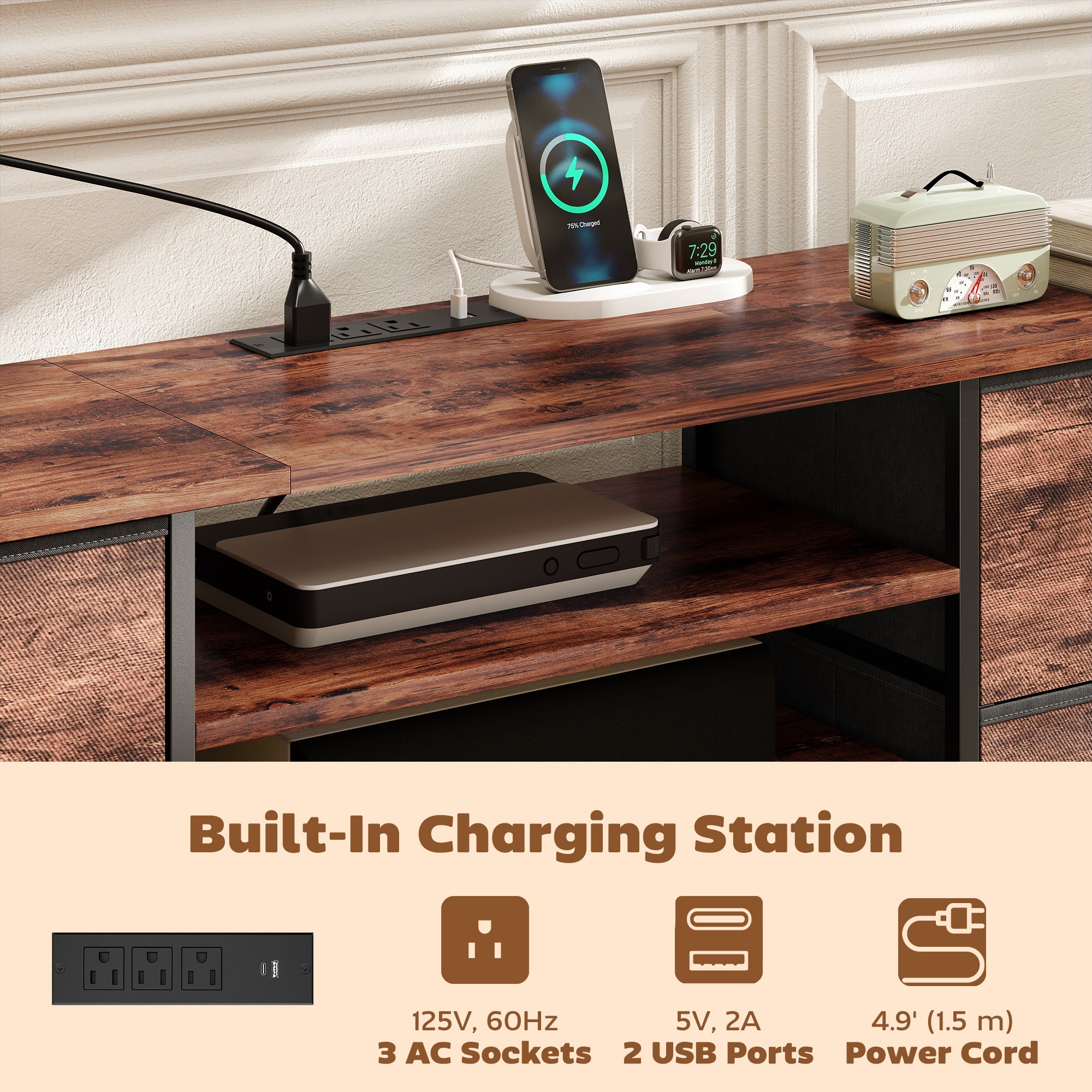 TV Stand for TVs up to 70 Inch, Industrial TV Console with Charging Station, 5 Drawers and Open Shelves, Rustic Brown-Home Furnishings > Living Room Furniture > TV¬†Stands-DECOROLALA