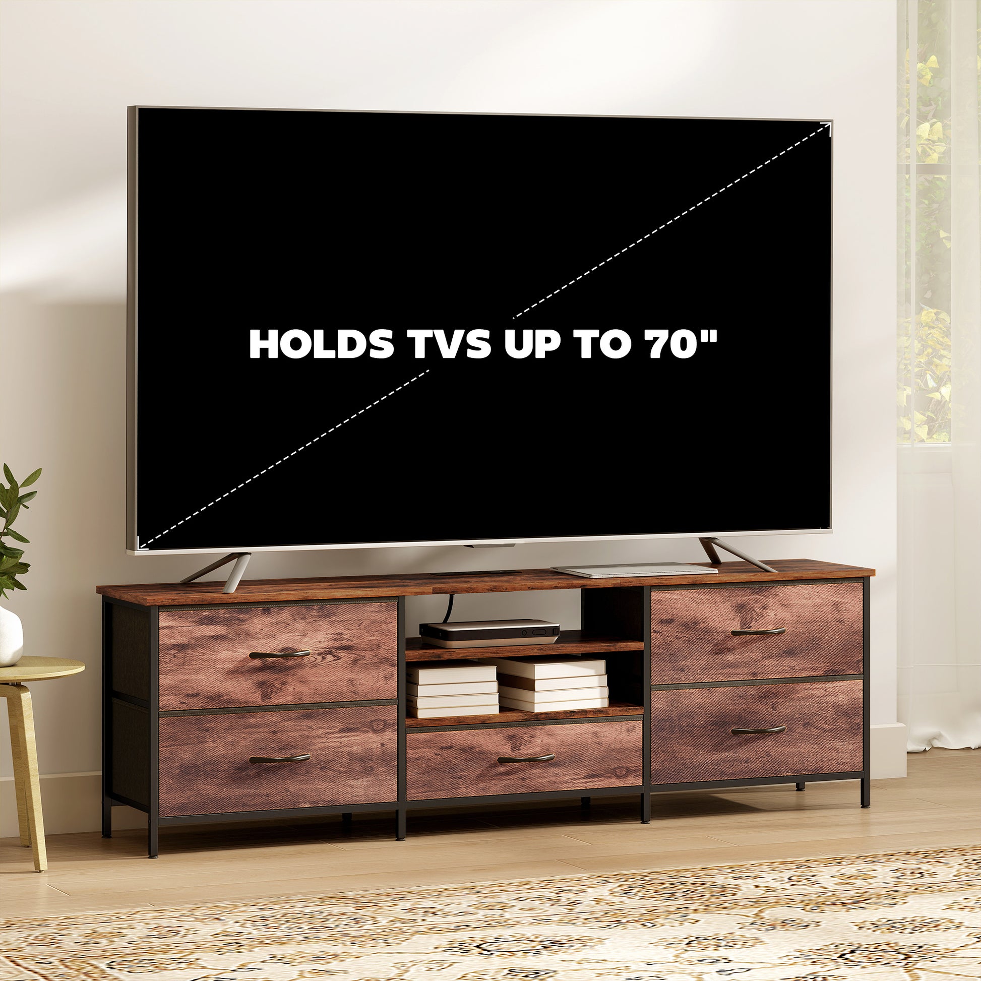 TV Stand for TVs up to 70 Inch, Industrial TV Console with Charging Station, 5 Drawers and Open Shelves, Rustic Brown-Home Furnishings > Living Room Furniture > TV¬†Stands-DECOROLALA
