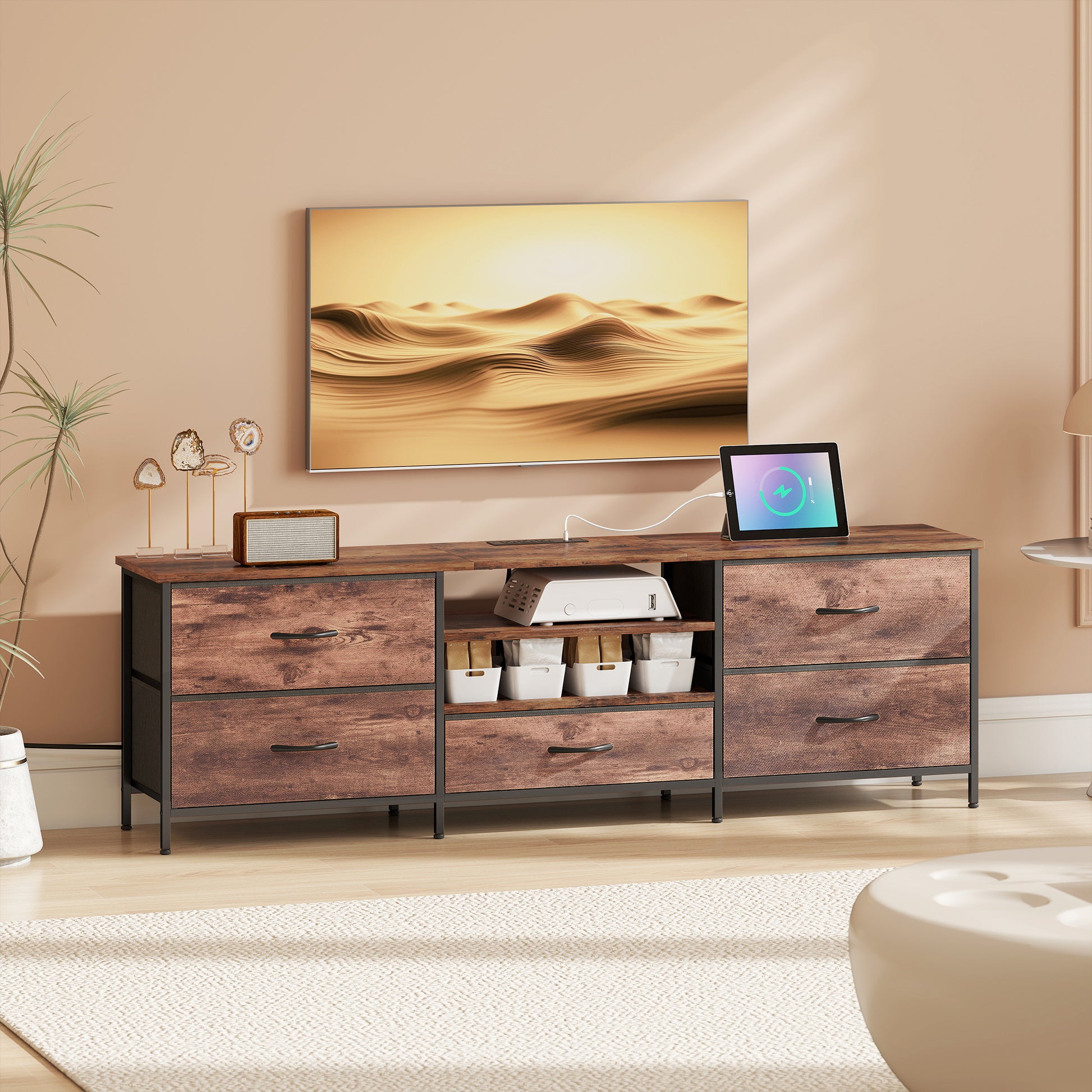 TV Stand for TVs up to 70 Inch, Industrial TV Console with Charging Station, 5 Drawers and Open Shelves, Rustic Brown-Home Furnishings > Living Room Furniture > TV¬†Stands-DECOROLALA