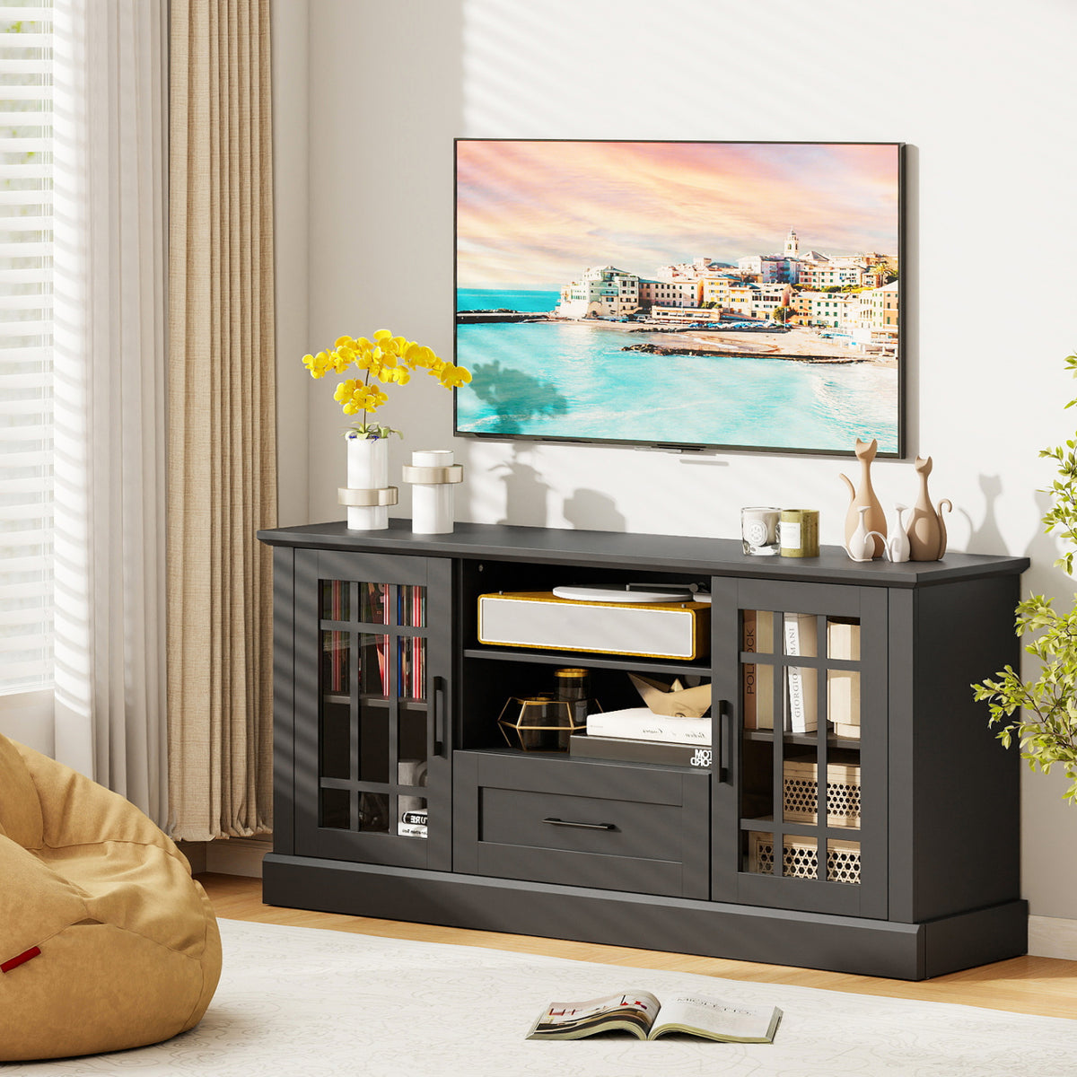 TV Stand for TVs up to 70 with Glass Doors Cubbies and Drawer-Black-Entertainment Centers & TV Stands-DECOROLALA