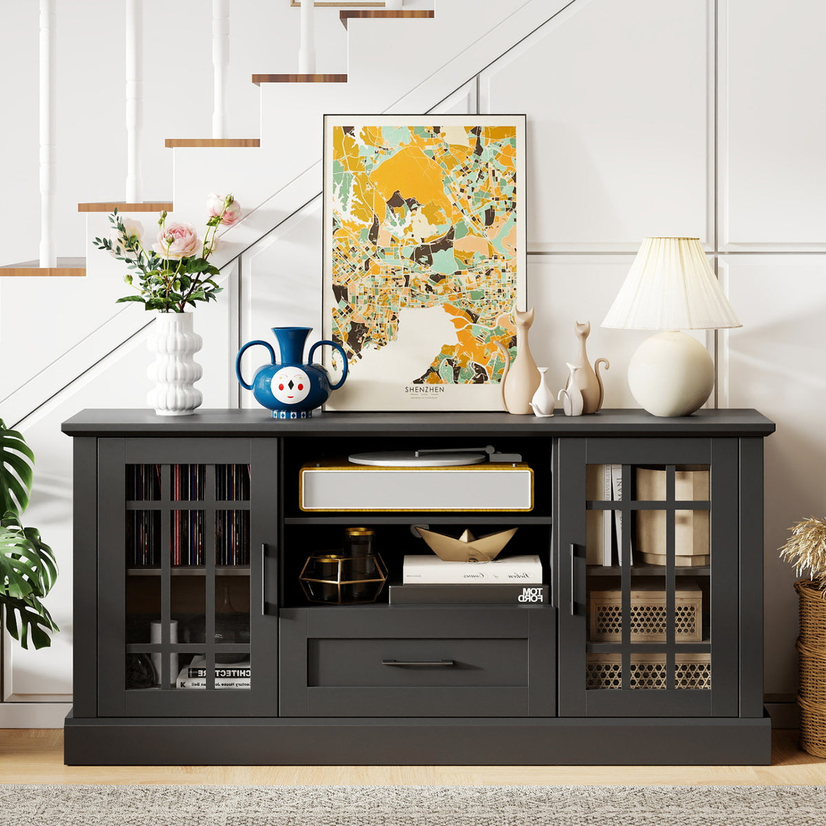 TV Stand for TVs up to 70 with Glass Doors Cubbies and Drawer-Black-Entertainment Centers & TV Stands-DECOROLALA