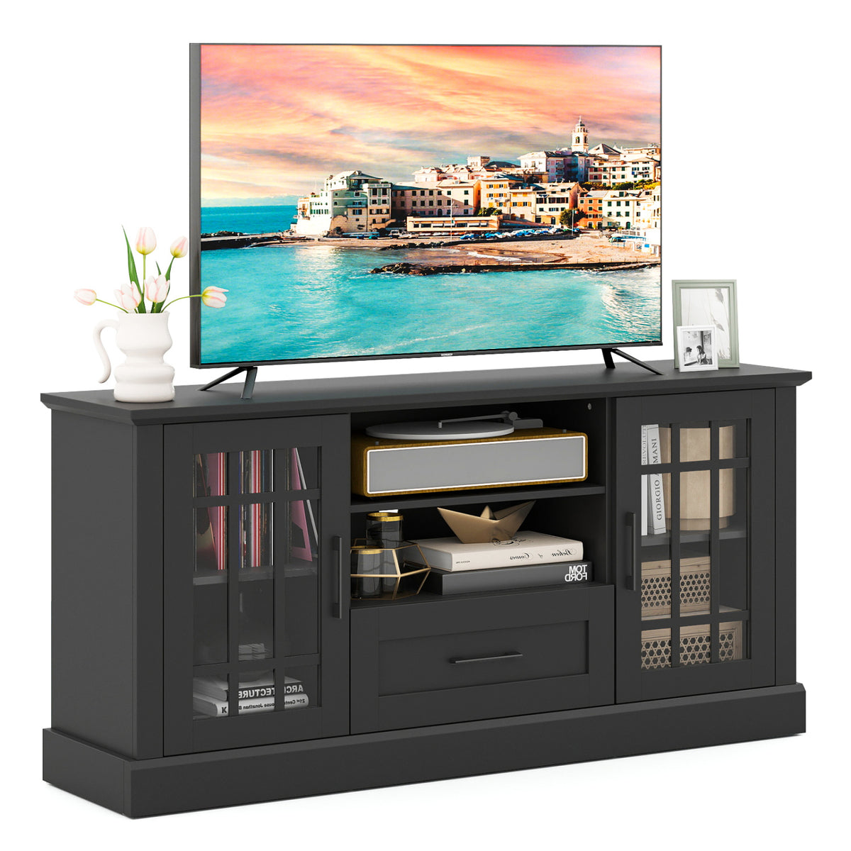 TV Stand for TVs up to 70 with Glass Doors Cubbies and Drawer-Black-Entertainment Centers & TV Stands-DECOROLALA