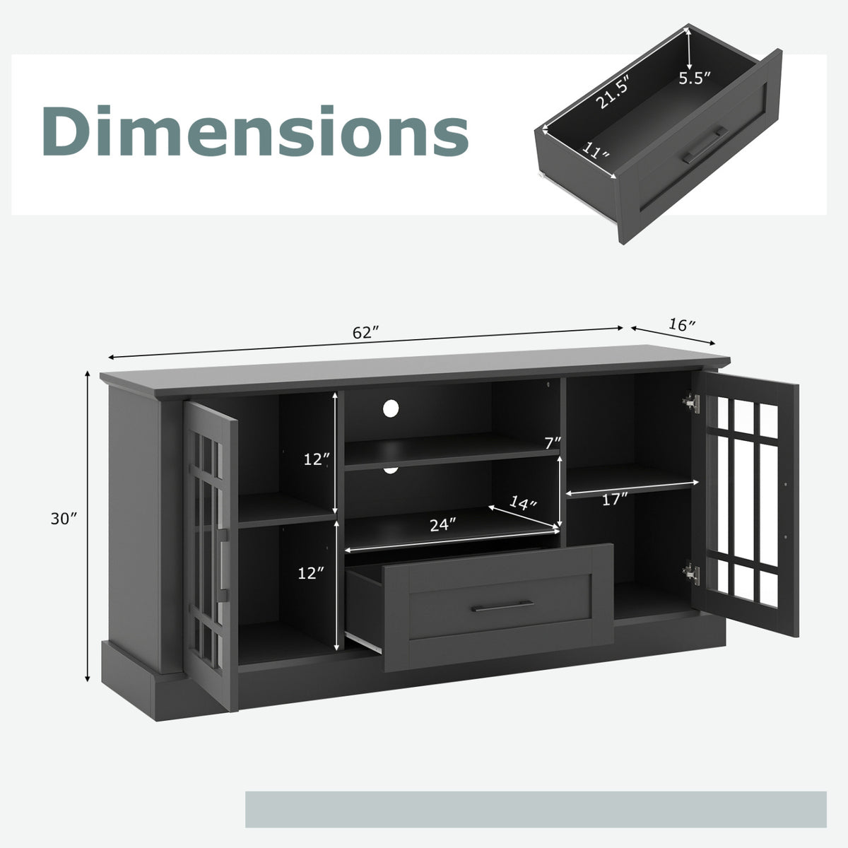 TV Stand for TVs up to 70 with Glass Doors Cubbies and Drawer-Black-Entertainment Centers & TV Stands-DECOROLALA
