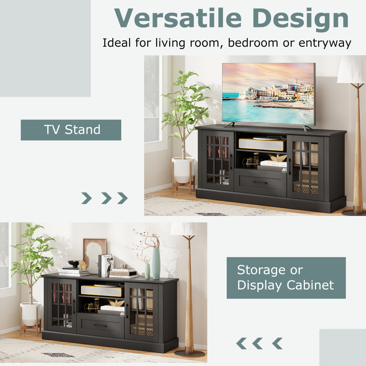 TV Stand for TVs up to 70 with Glass Doors Cubbies and Drawer-Black-Entertainment Centers & TV Stands-DECOROLALA