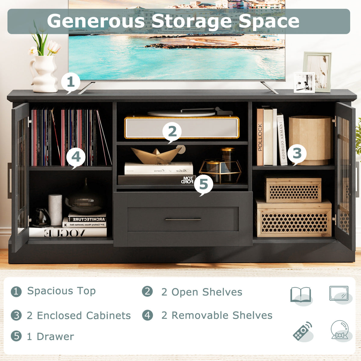 TV Stand for TVs up to 70 with Glass Doors Cubbies and Drawer-Black-Entertainment Centers & TV Stands-DECOROLALA