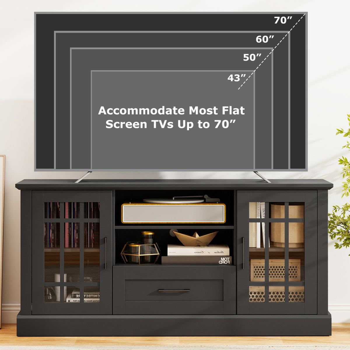 TV Stand for TVs up to 70 with Glass Doors Cubbies and Drawer-Black-Entertainment Centers & TV Stands-DECOROLALA