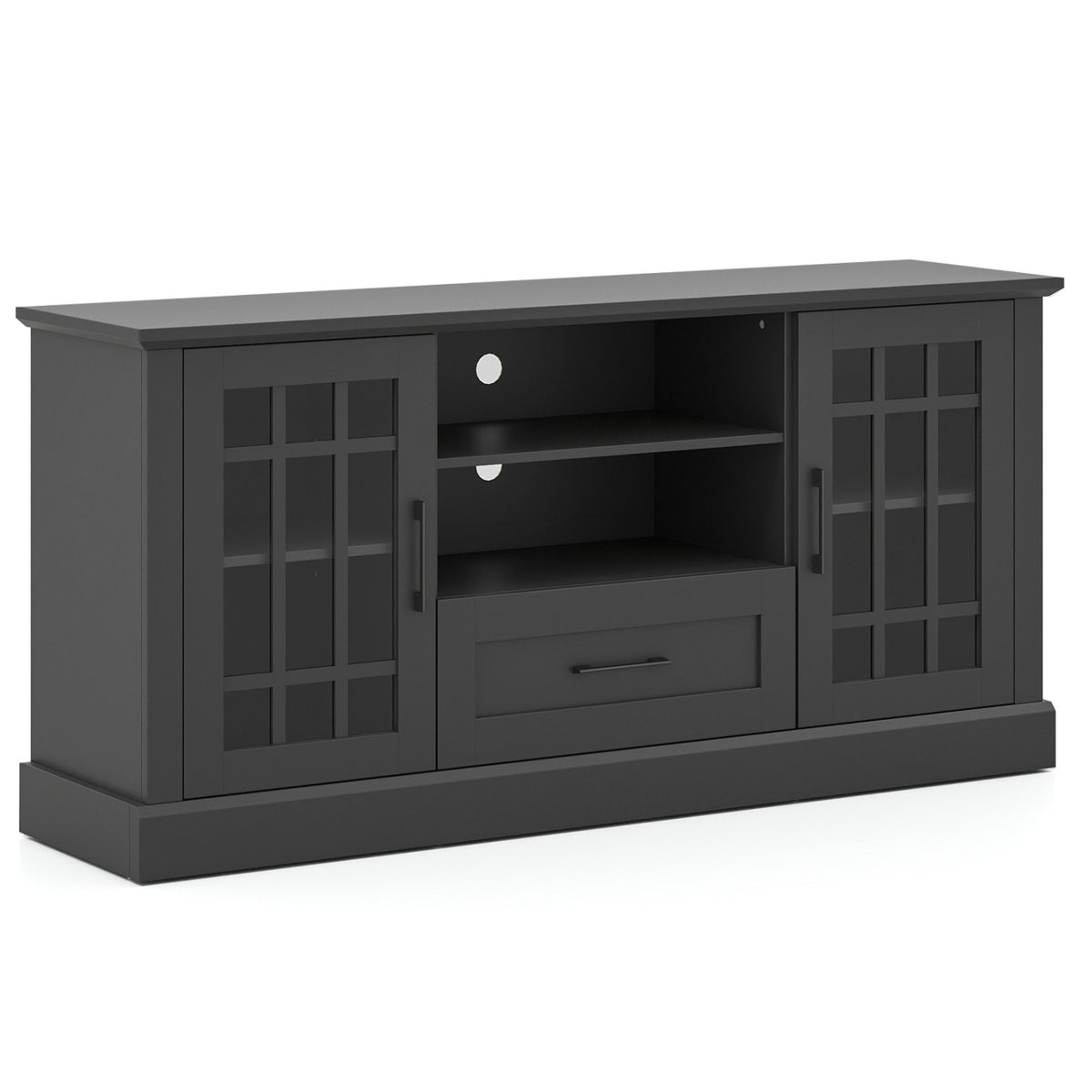 TV Stand for TVs up to 70 with Glass Doors Cubbies and Drawer-Black-Entertainment Centers & TV Stands-DECOROLALA