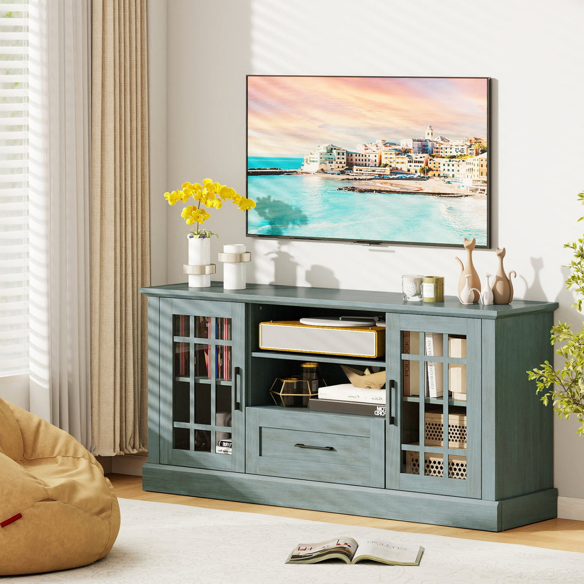 TV Stand for TVs up to 70 with Glass Doors Cubbies and Drawer-Green-Entertainment Centers & TV Stands-DECOROLALA