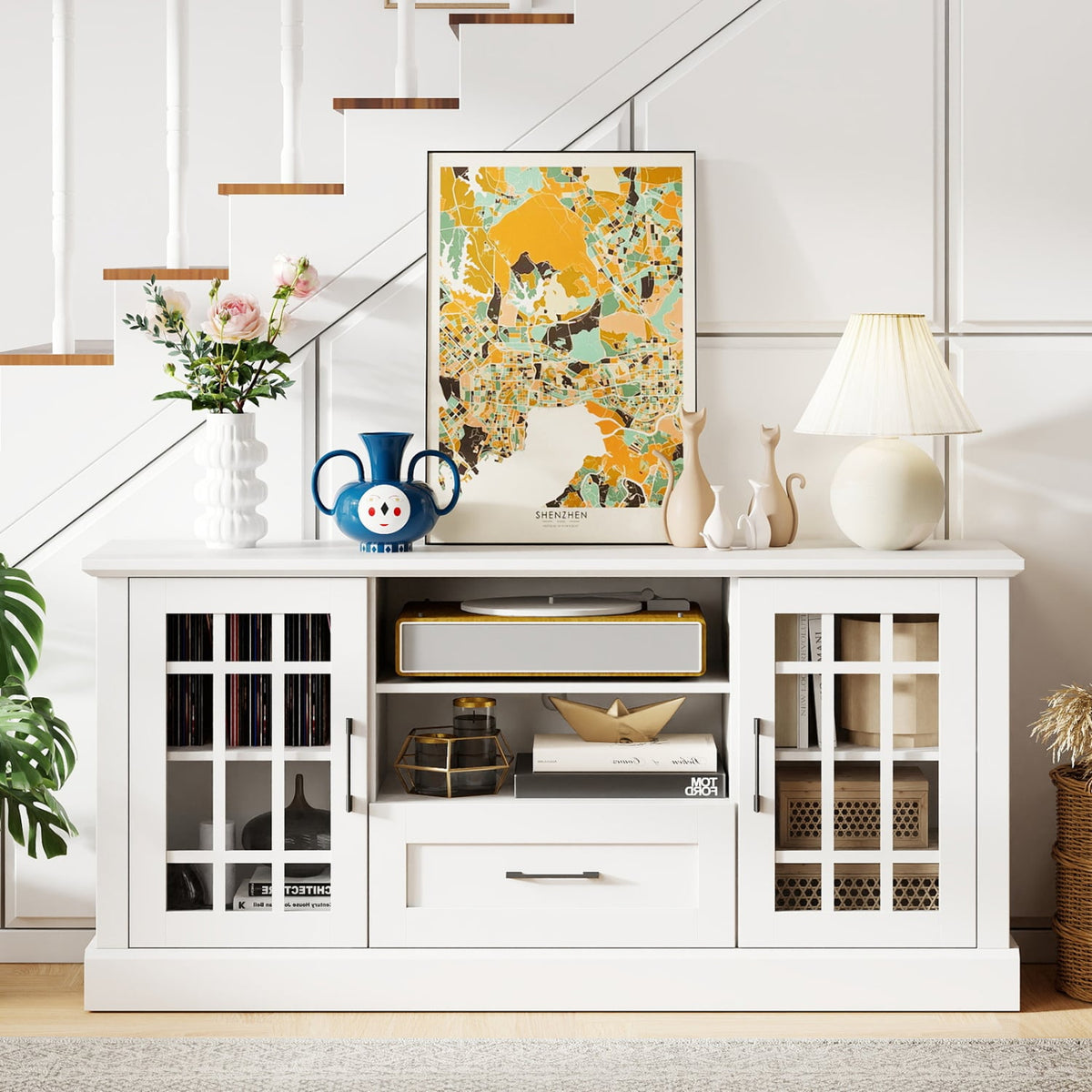 TV Stand for TVs up to 70 with Glass Doors Cubbies and Drawer-White-Entertainment Centers & TV Stands-DECOROLALA