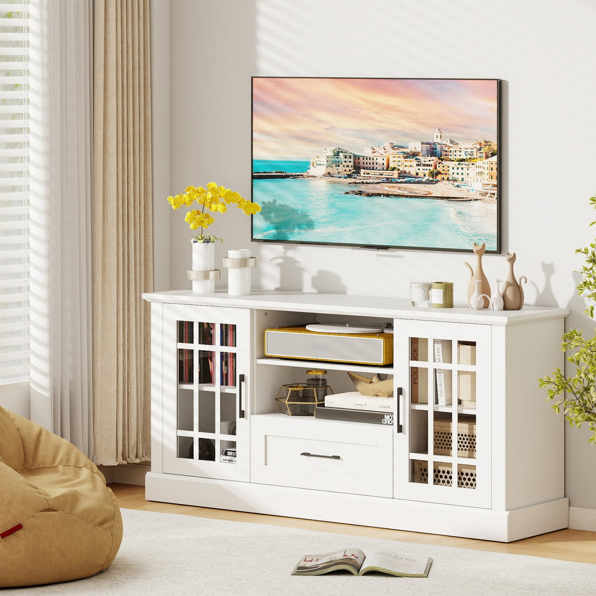 TV Stand for TVs up to 70 with Glass Doors Cubbies and Drawer-White-Entertainment Centers & TV Stands-DECOROLALA