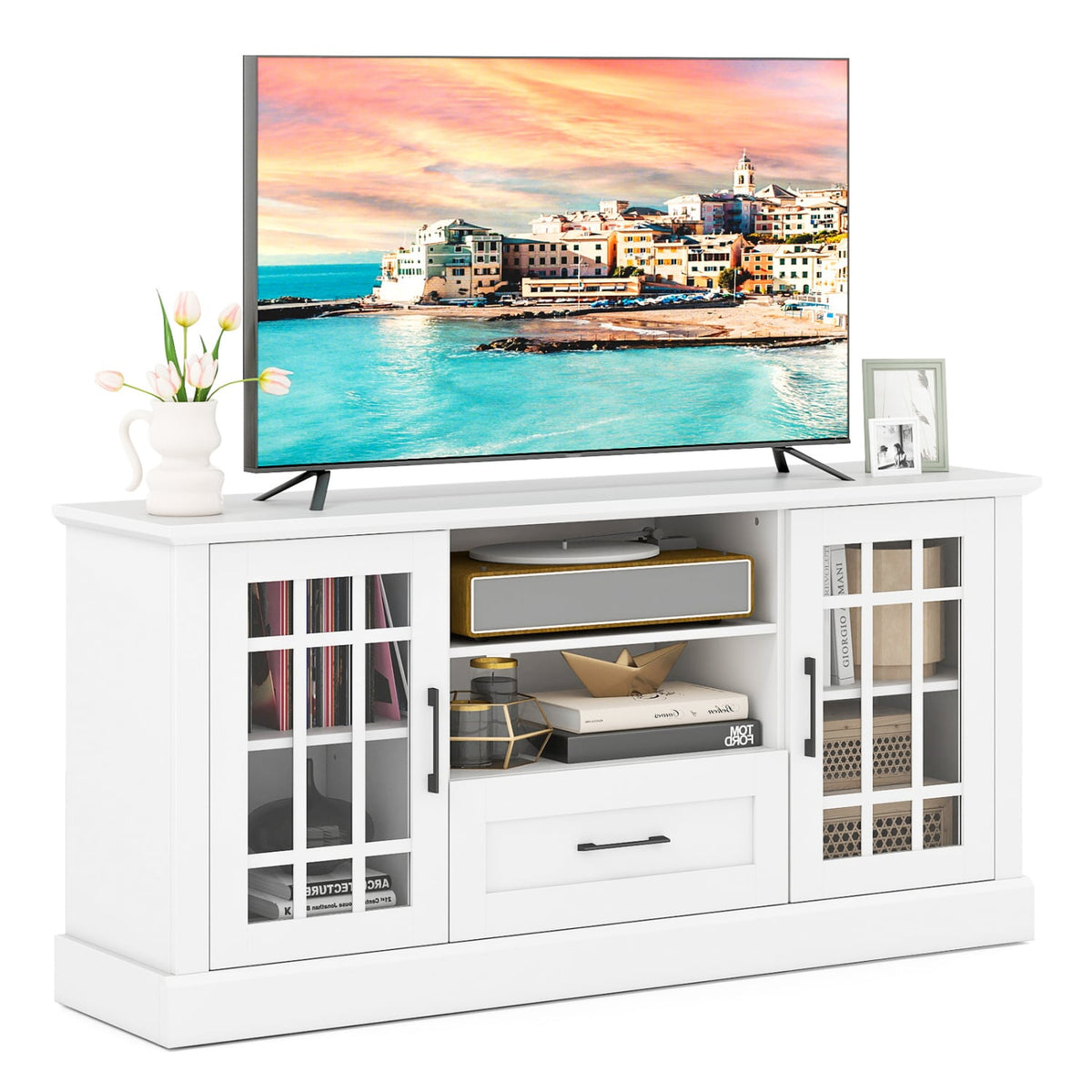 TV Stand for TVs up to 70 with Glass Doors Cubbies and Drawer-White-Entertainment Centers & TV Stands-DECOROLALA