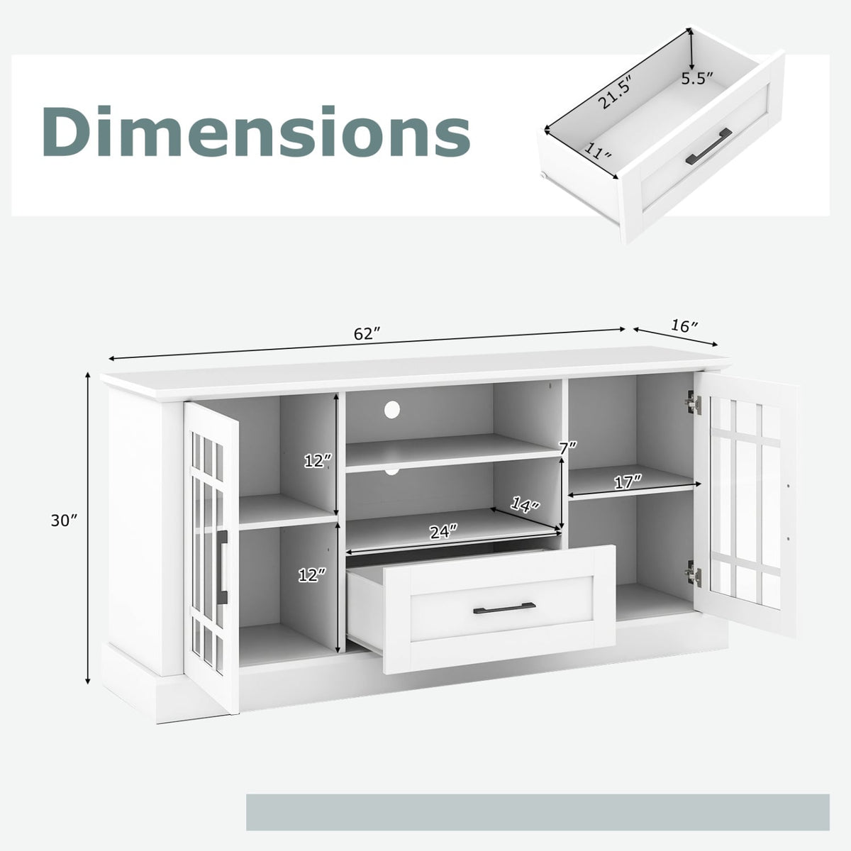TV Stand for TVs up to 70 with Glass Doors Cubbies and Drawer-White-Entertainment Centers & TV Stands-DECOROLALA