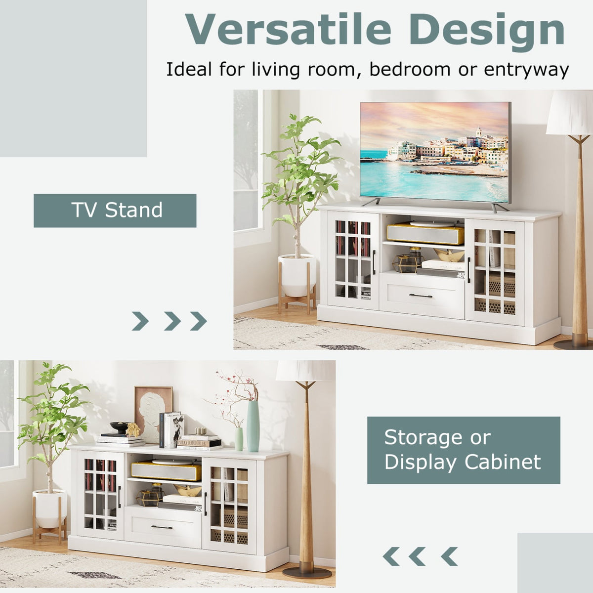 TV Stand for TVs up to 70 with Glass Doors Cubbies and Drawer-White-Entertainment Centers & TV Stands-DECOROLALA